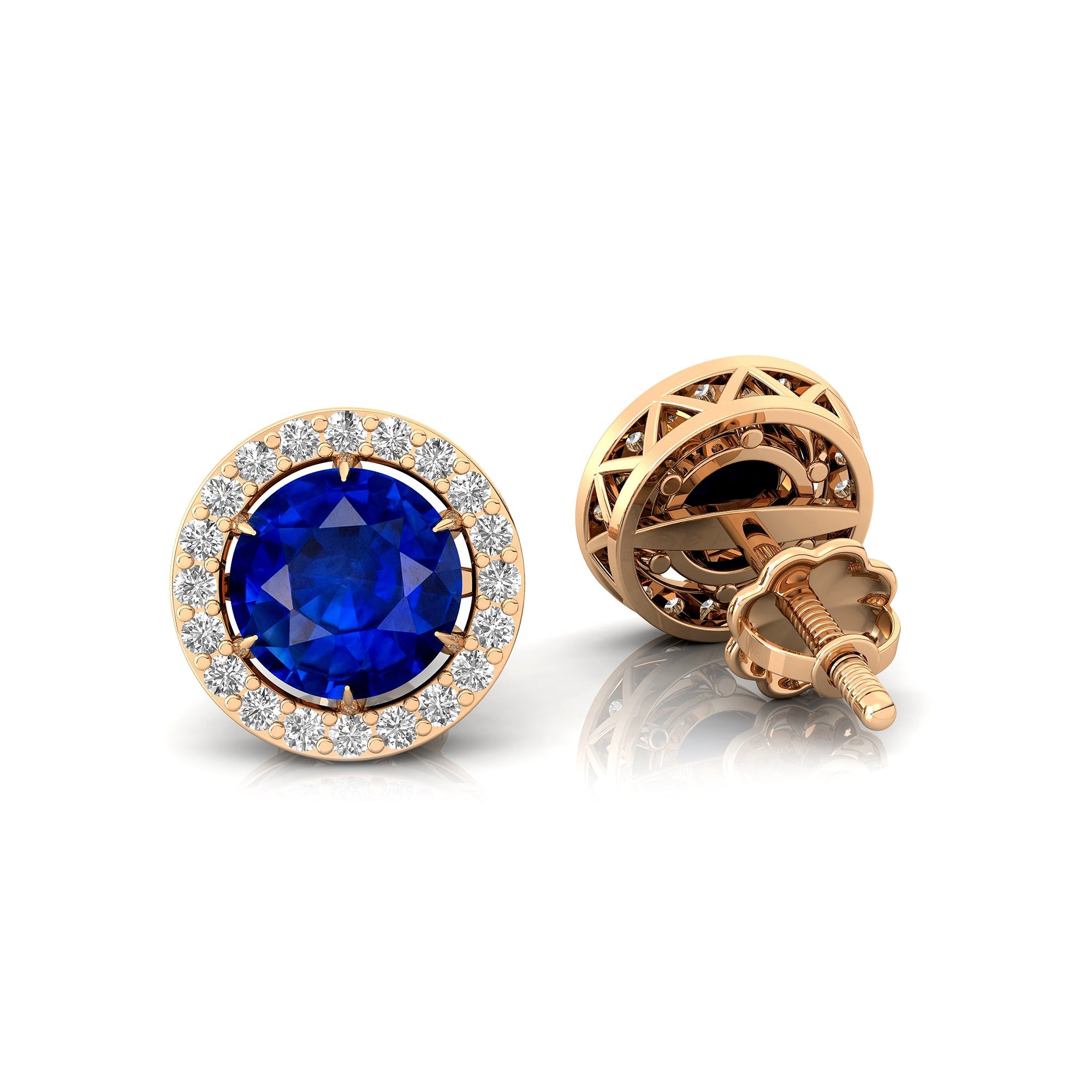 Round Solitaire Blue Sapphire Halo Diamond Stud Earrings - GeumJewels