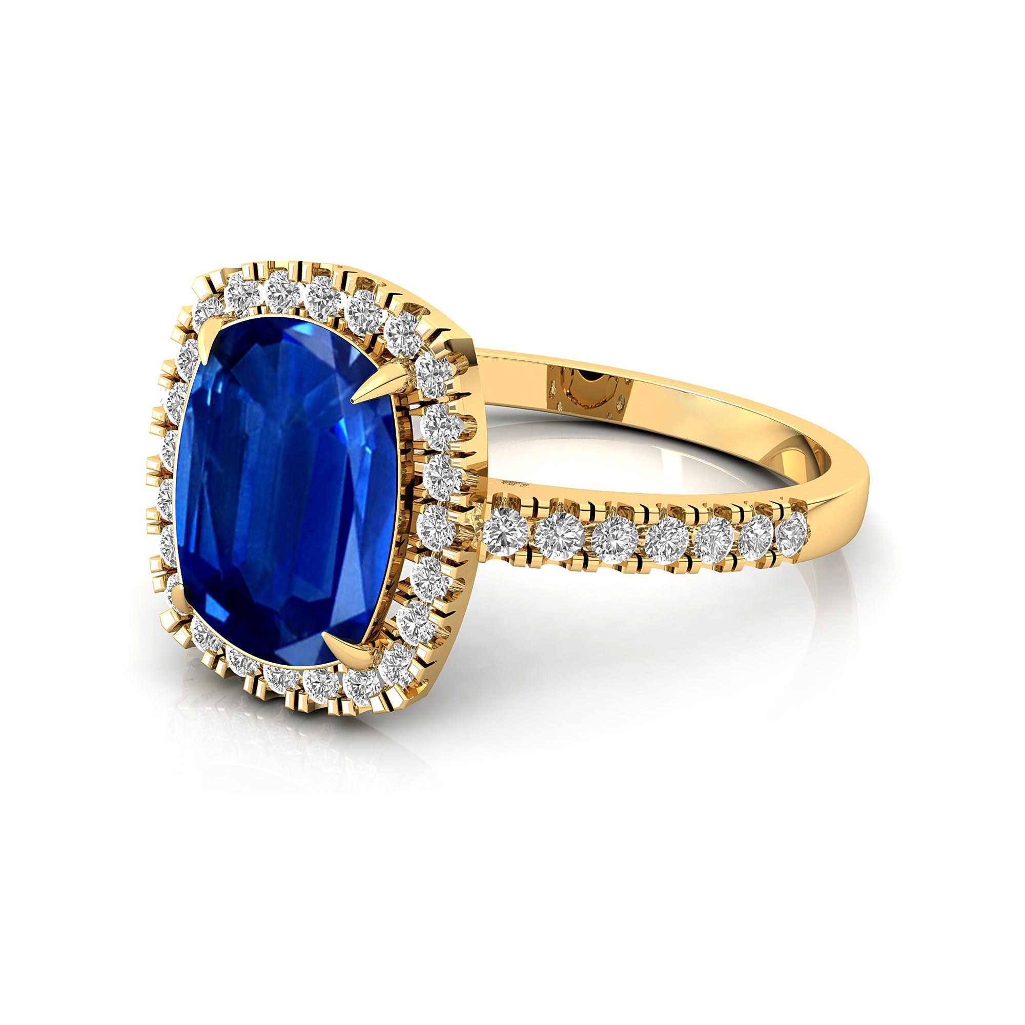 Elongated Cushion Halo Set Blue Sapphire Engagement Ring with Diamond Band - GeumJewels