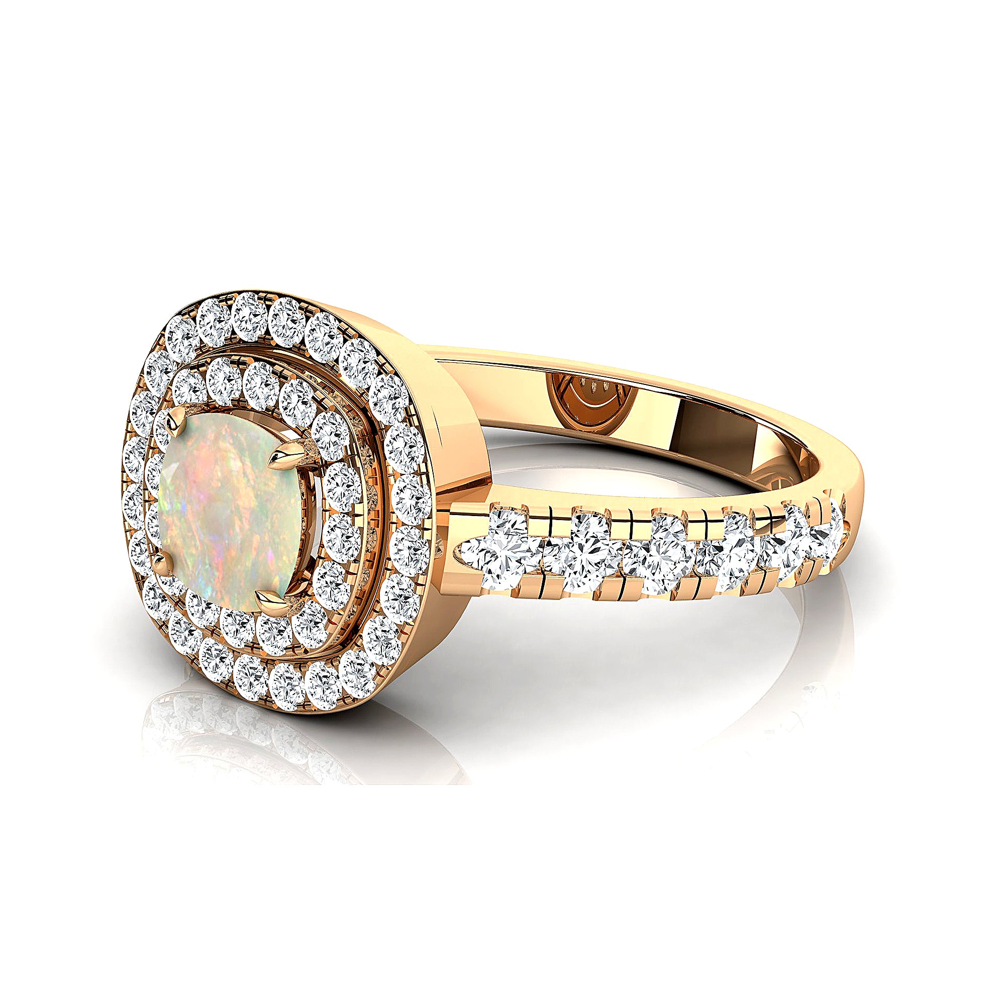 Double Halo Diamond Cushion Cut Opal Ring - GeumJewels