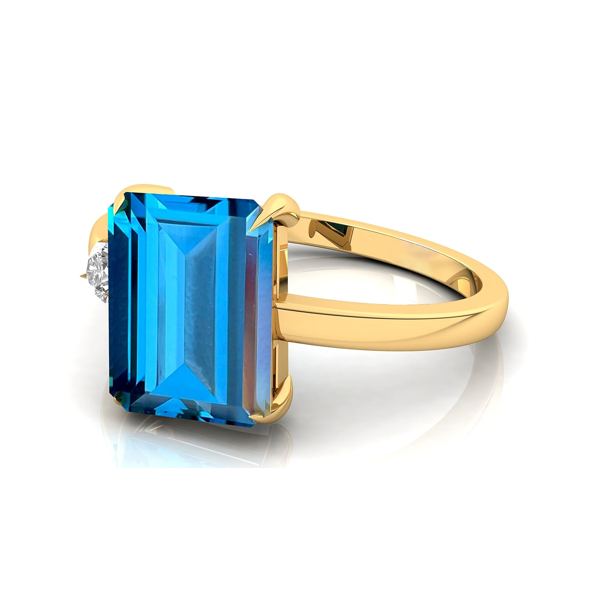 Emerald Shaped London Blue Topaz with 3mm Accent Solitaire Engagement Ring - GeumJewels