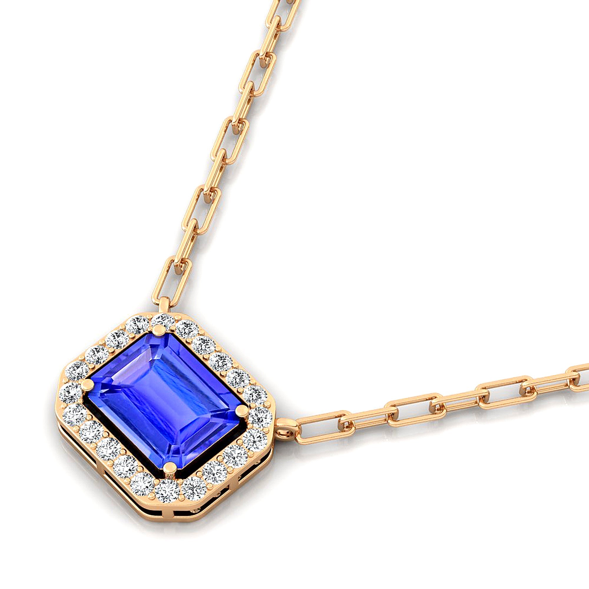 Emerald Cut Tanzanite Halo Set Diamond Necklace - GeumJewels