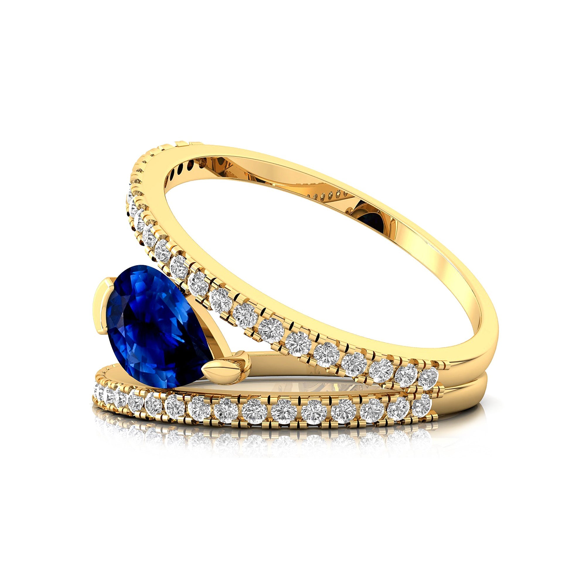 Fashionable V Shaped Diamond Ring with Pear Cut Blue Sapphire - GeumJewels