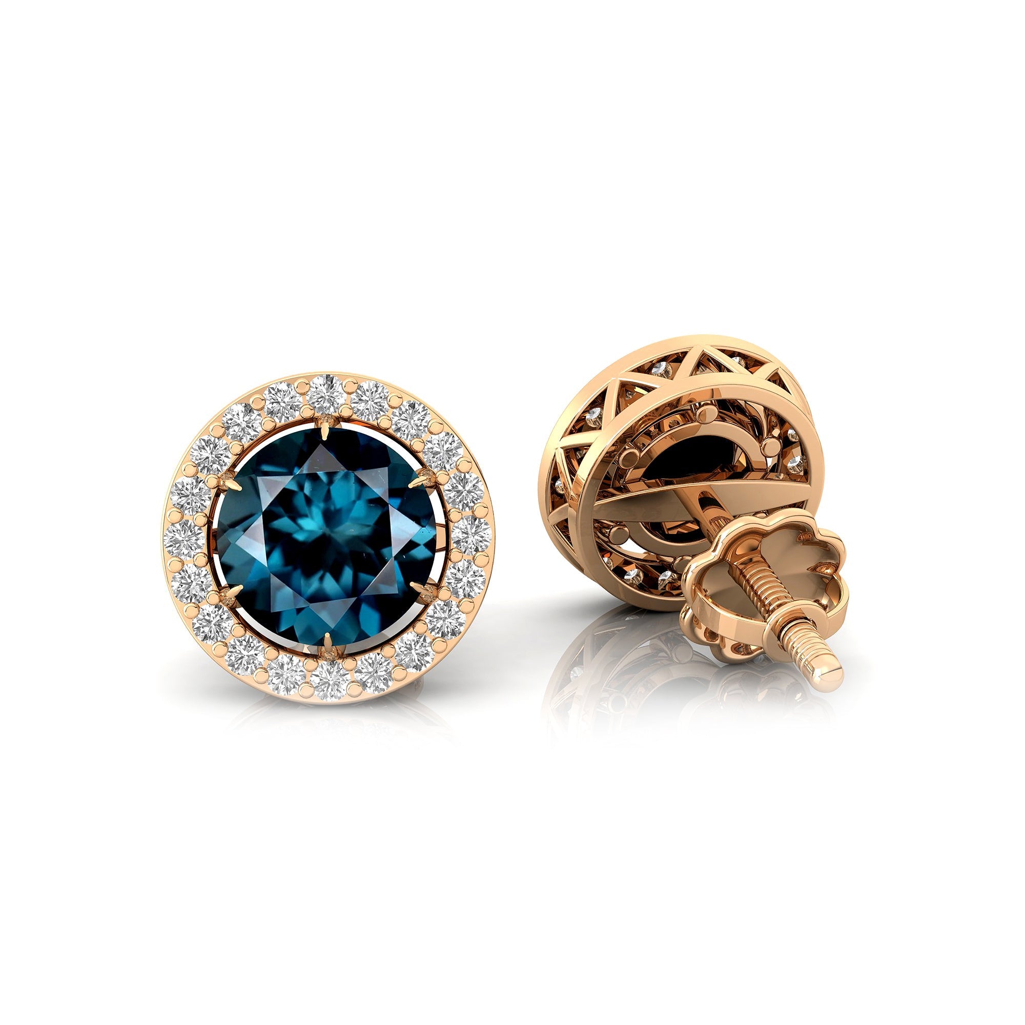 Round Solitaire London Blue Topaz Halo Diamond Stud Earrings - GeumJewels