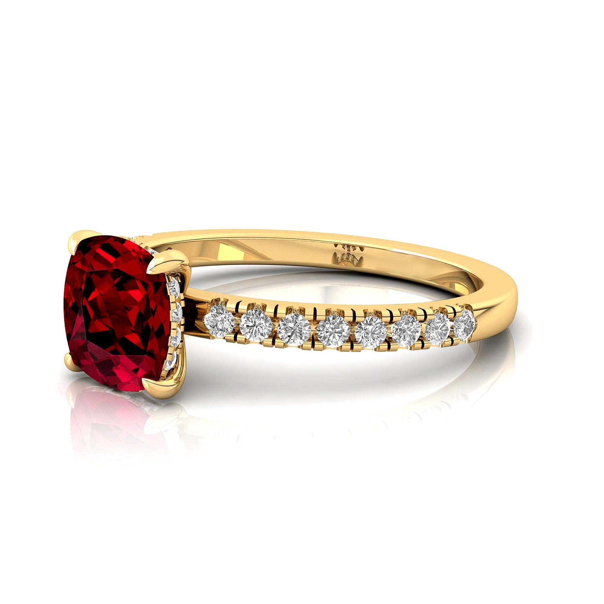 Garnet Square Cushion Under Halo Diamonds Thin Ring with Diamond Band - GeumJewels