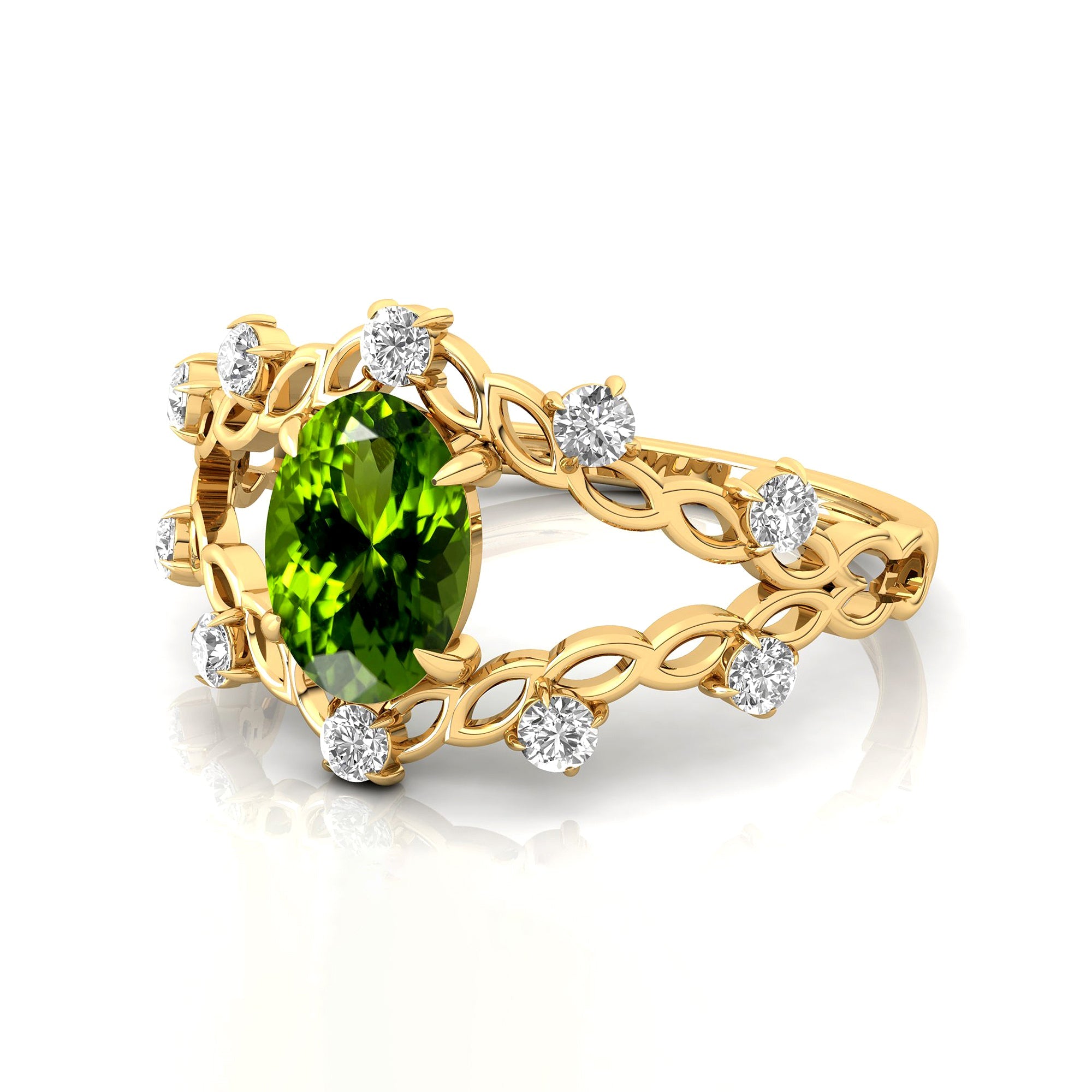 Flower Inspired Ring with Oval Shaped Peridot and Accent Diamonds - GeumJewels