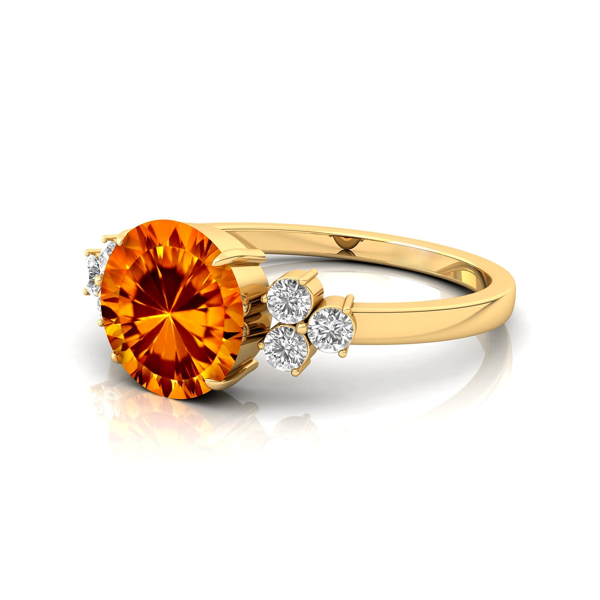 Trio Diamond Engagement Ring with Round Solitaire Citrine - GeumJewels