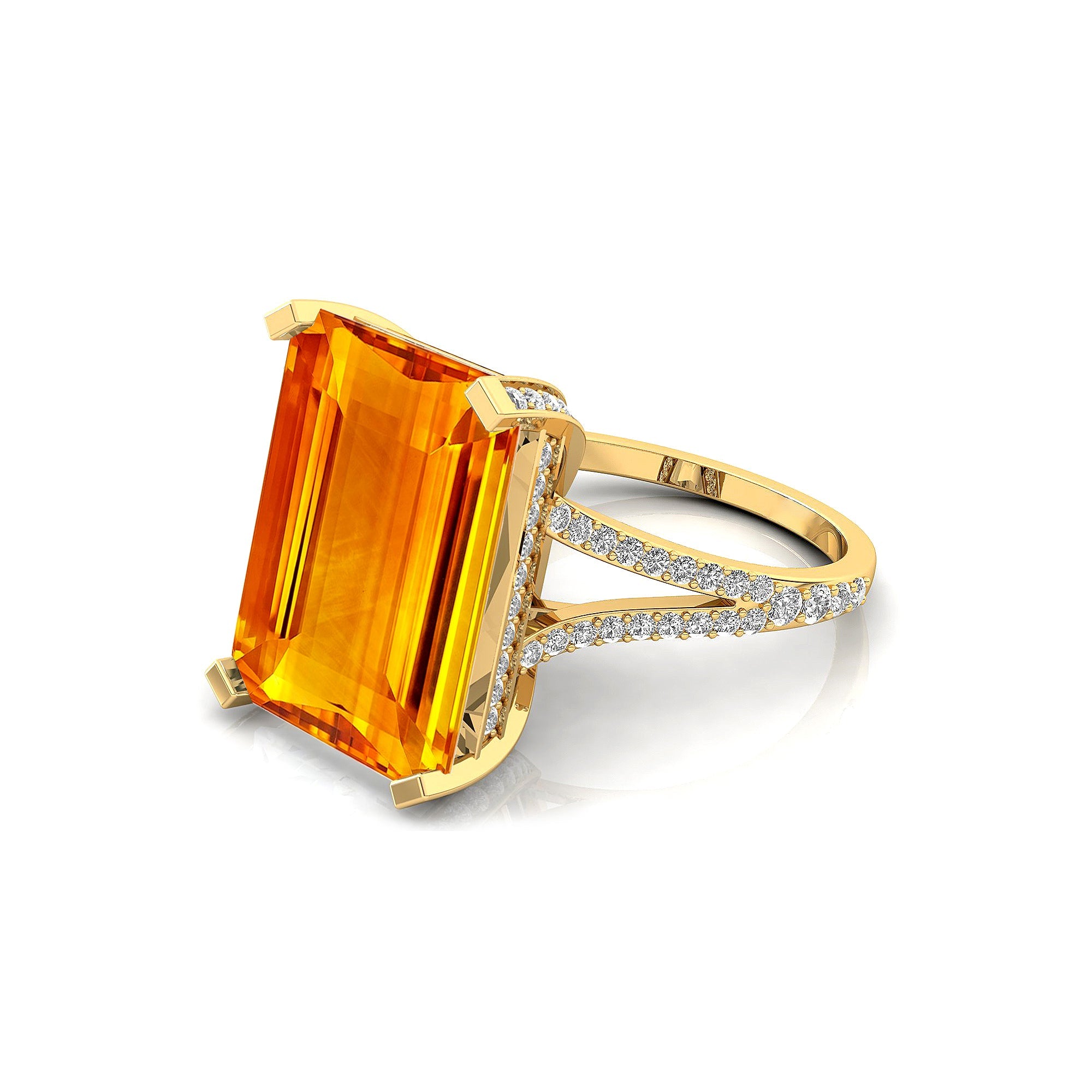 Emerald Cut Citrine Split Shank Engagement Ring with Diamonds - GeumJewels