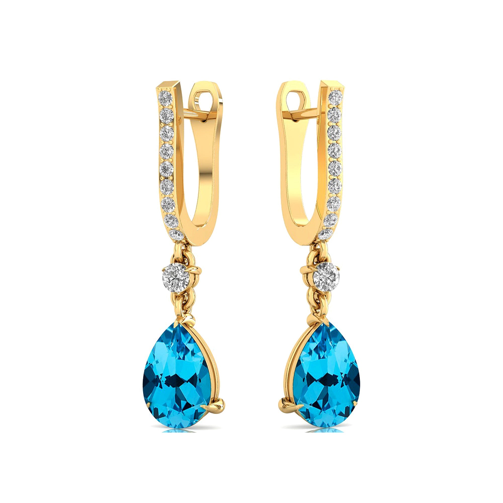 Lever Back Diamond Drop Earrings with Pear Cut Swiss Blue Topaz - GeumJewels