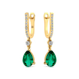Lever Back Diamond Drop Earrings with Pear Cut Emerald - GeumJewels