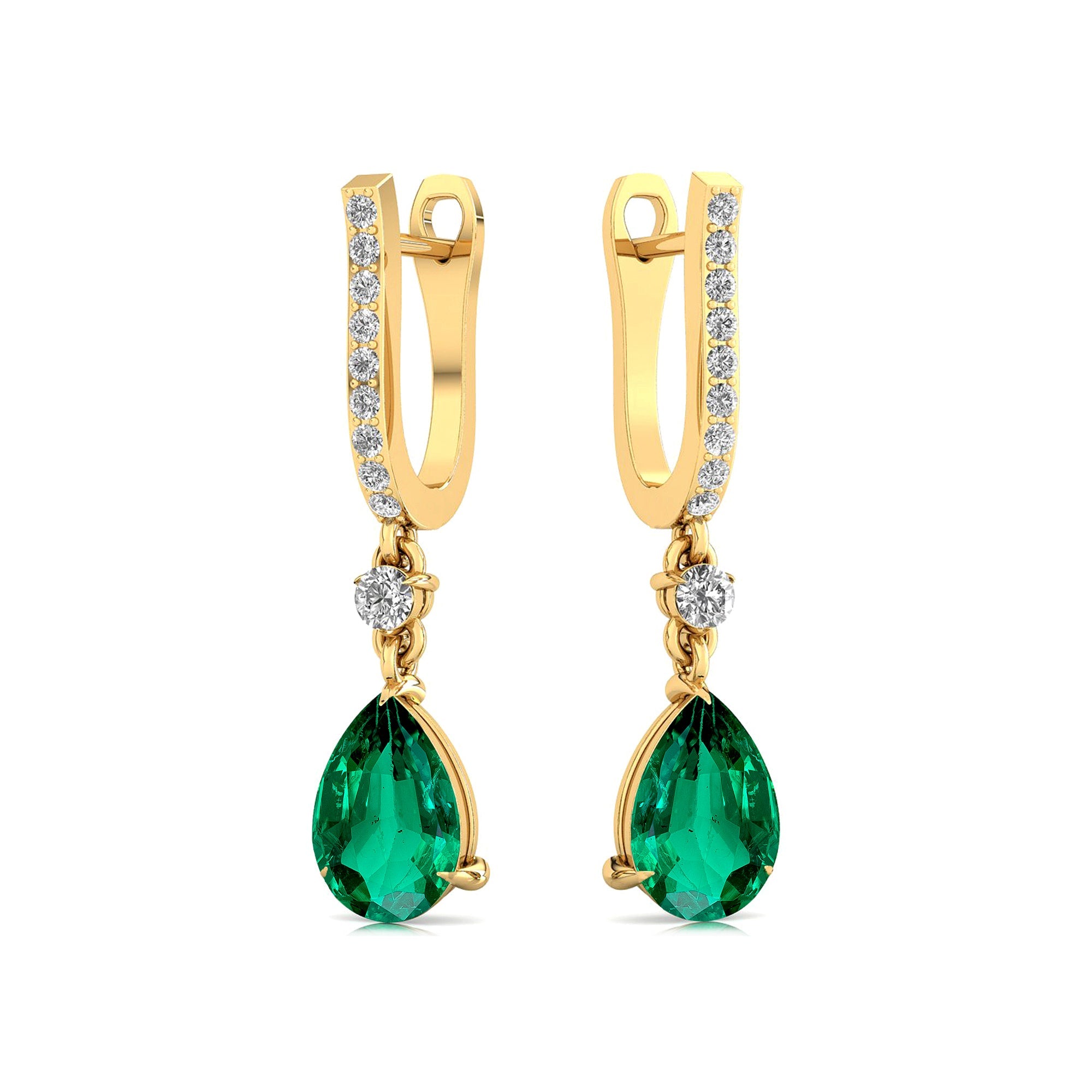 Lever Back Diamond Drop Earrings with Pear Cut Emerald - GeumJewels