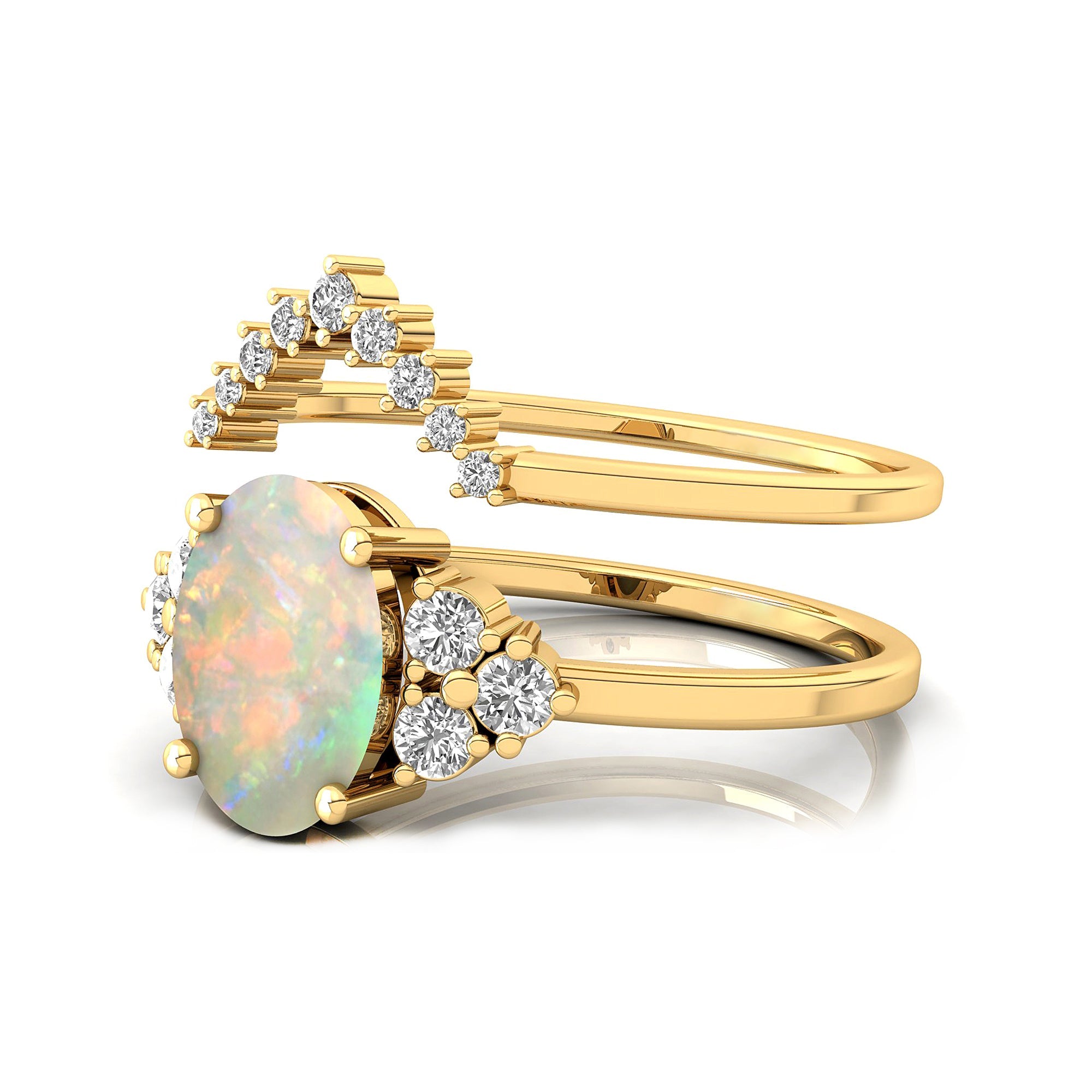 Opal Solitaire Gemstone Ring with Stackable Diamond Band - GeumJewels