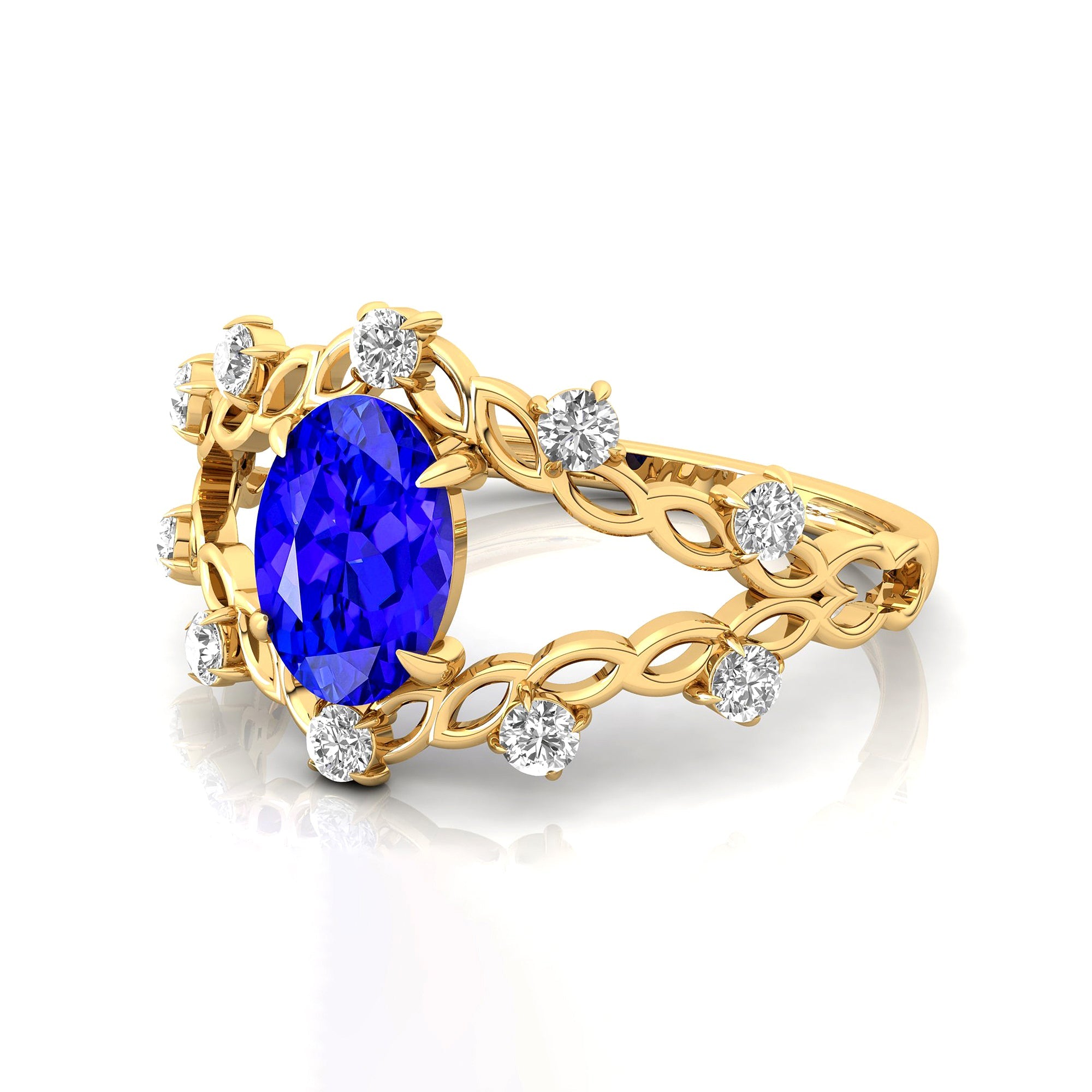 Flower Inspired Ring with Oval Shaped Tanzanite and Accent Diamonds - GeumJewels