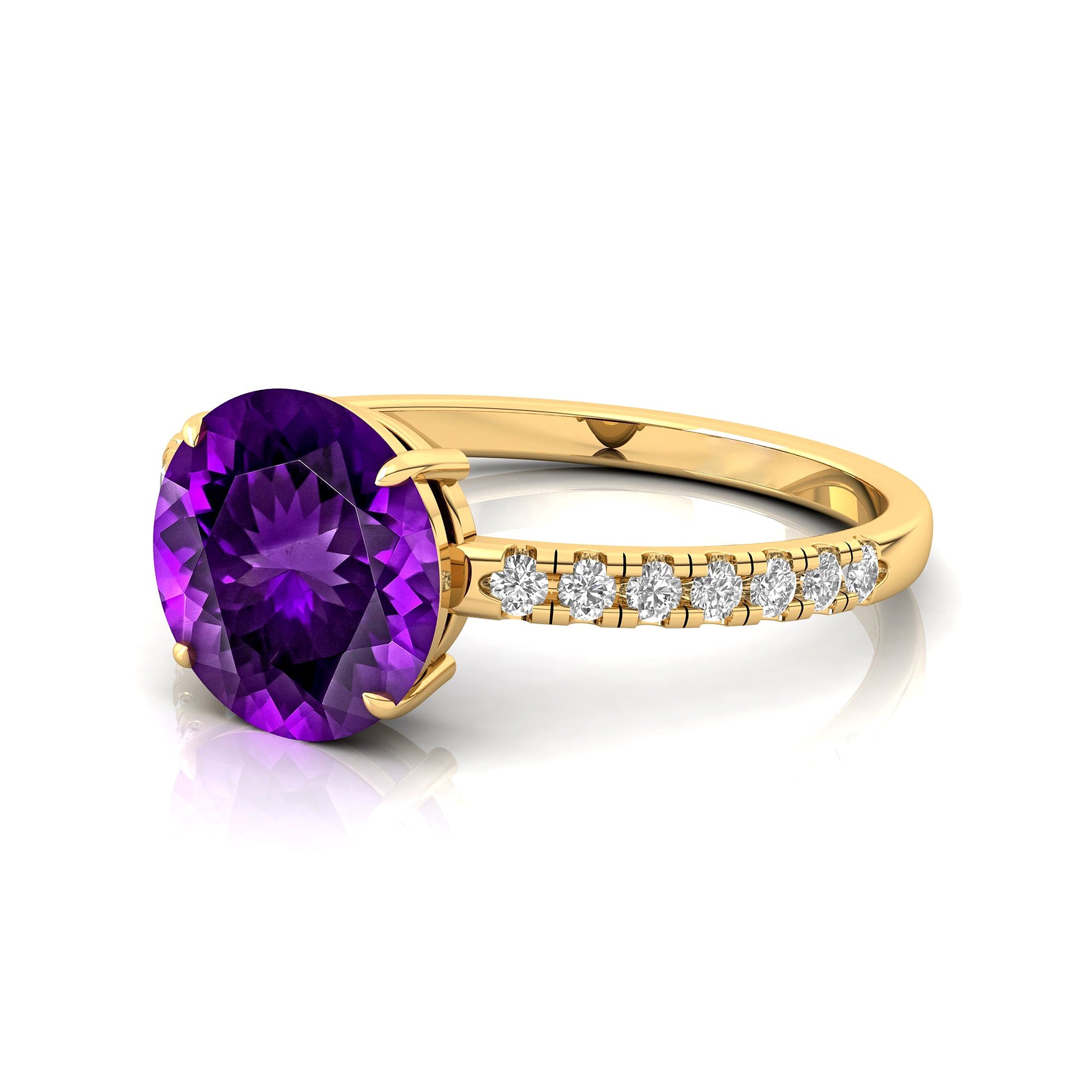 Classic Six Prong Round Solitaire Amethyst Ring with Accent Diamond Band - GeumJewels
