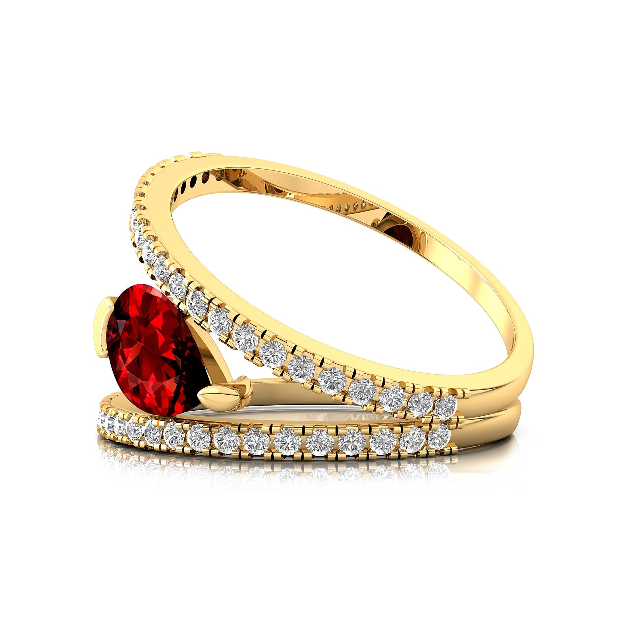 Fashionable V Shaped Diamond Ring with Pear Cut Garnet - GeumJewels
