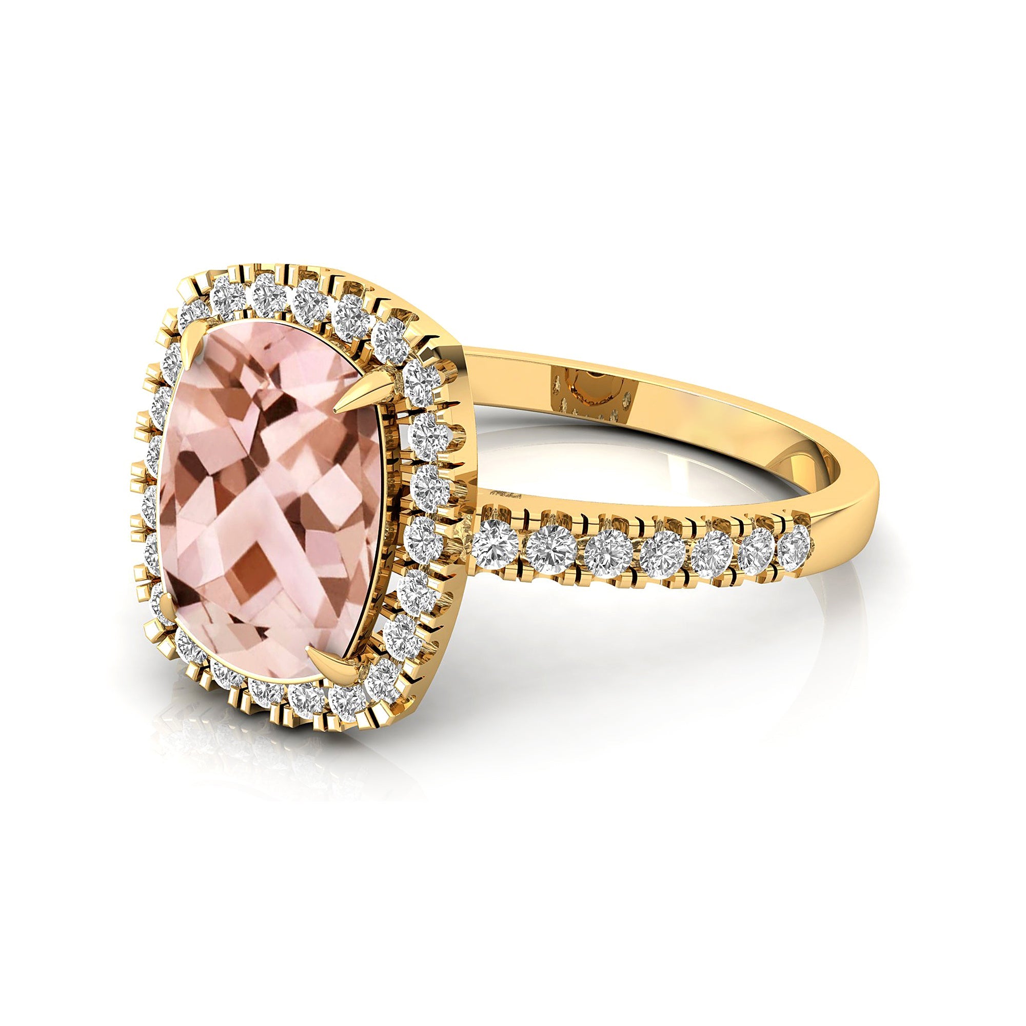 Elongated Cushion Halo Set Morganite Engagement Ring with Diamond Band - GeumJewels