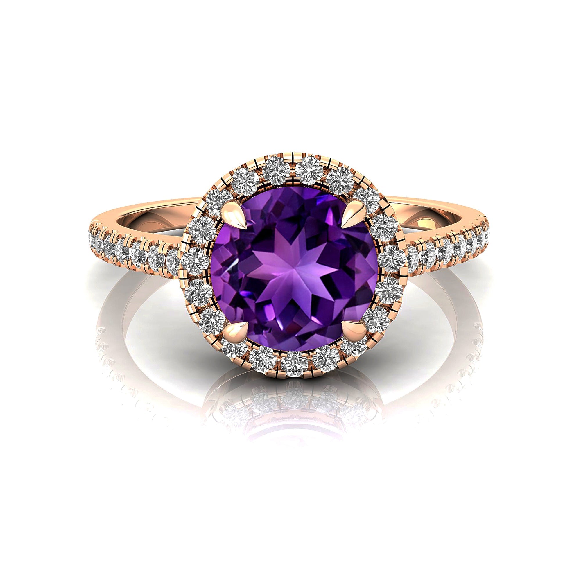 Classic Round Halo Diamonds with Solitaire Amethyst Engagement Ring - GeumJewels