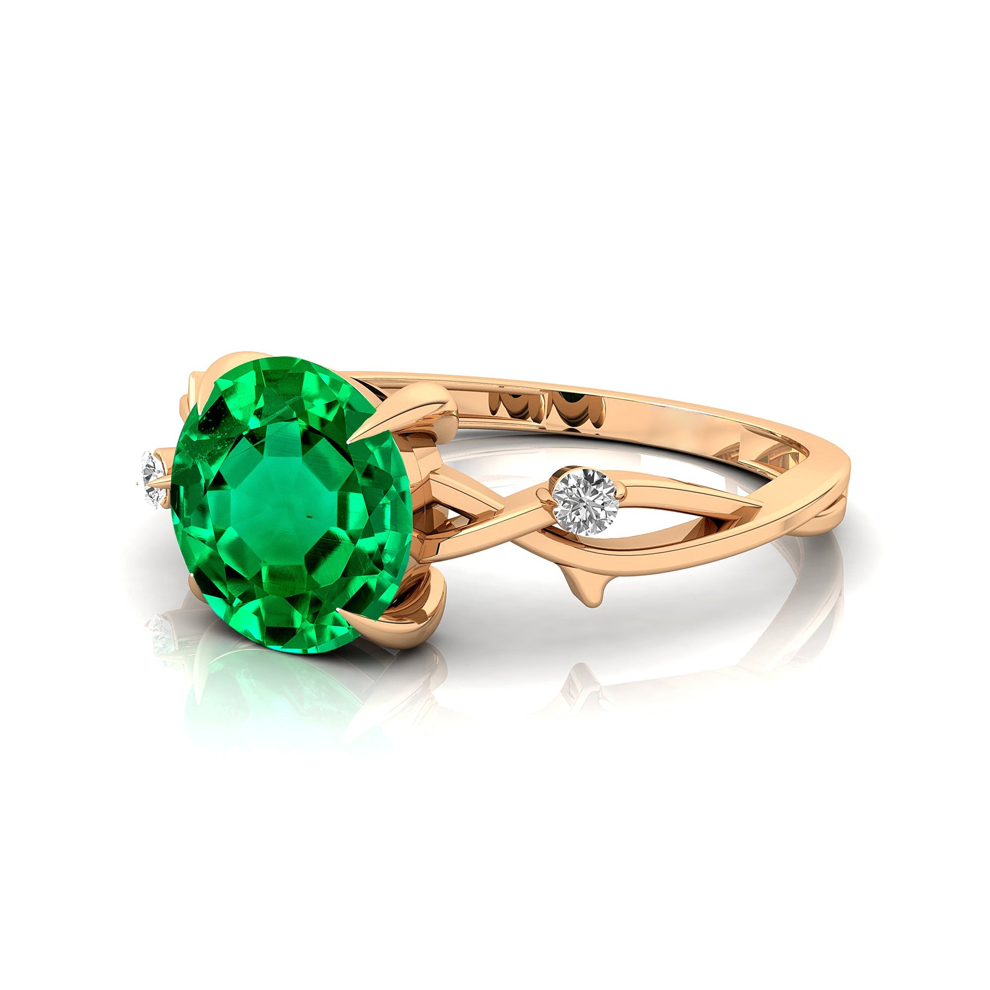 Criss Cross Nature Inspired Diamond Ring  with Round Emerald - GeumJewels