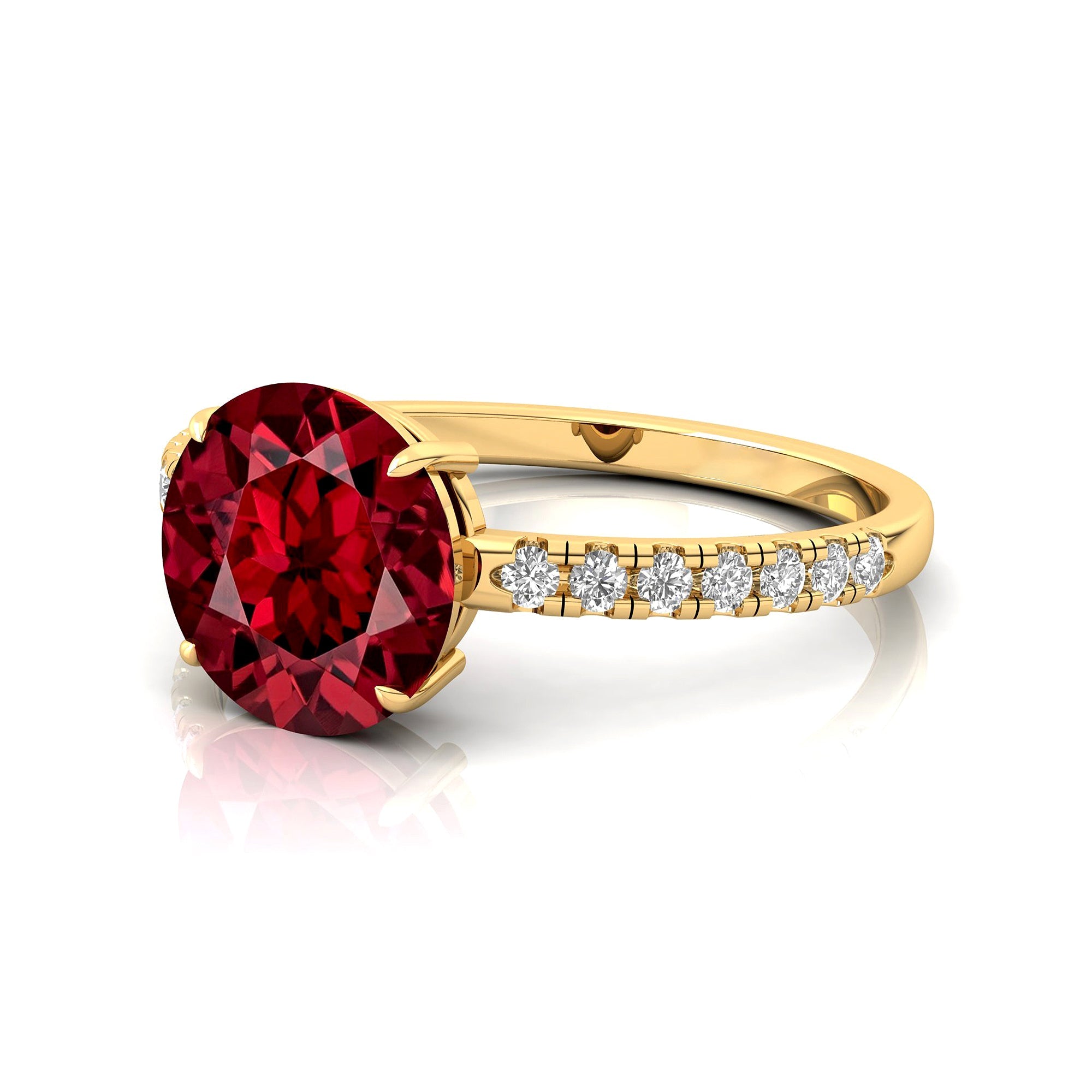 Classic Six Prong Round Solitaire Garnet Ring with Accent Diamond Band - GeumJewels