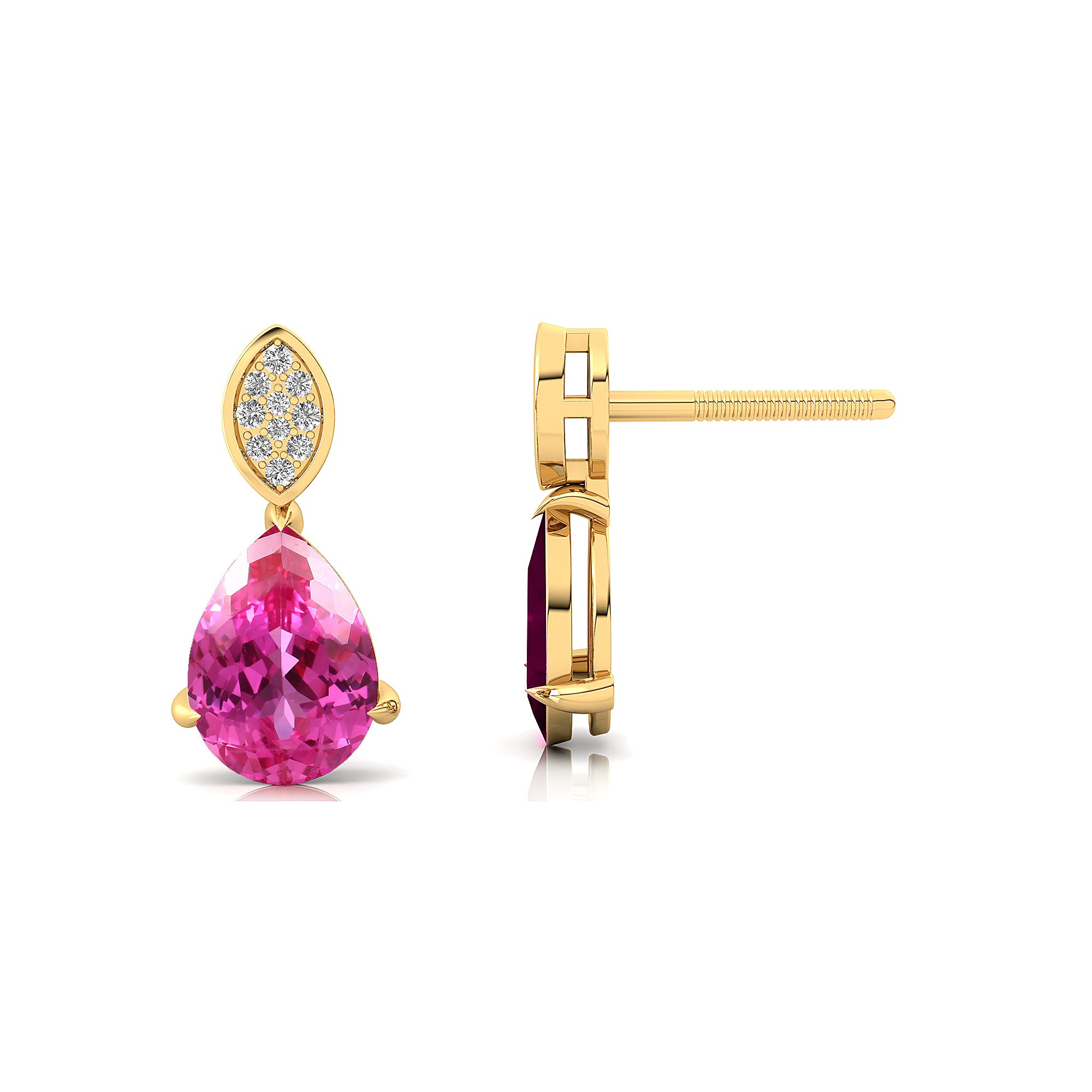 Illussion Set Diamond Earrings with Pear Cut Pink Sapphire - GeumJewels