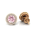 Round Solitaire Morganite Halo Diamond Stud Earrings - GeumJewels