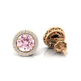 Round Solitaire Morganite Halo Diamond Stud Earrings - GeumJewels