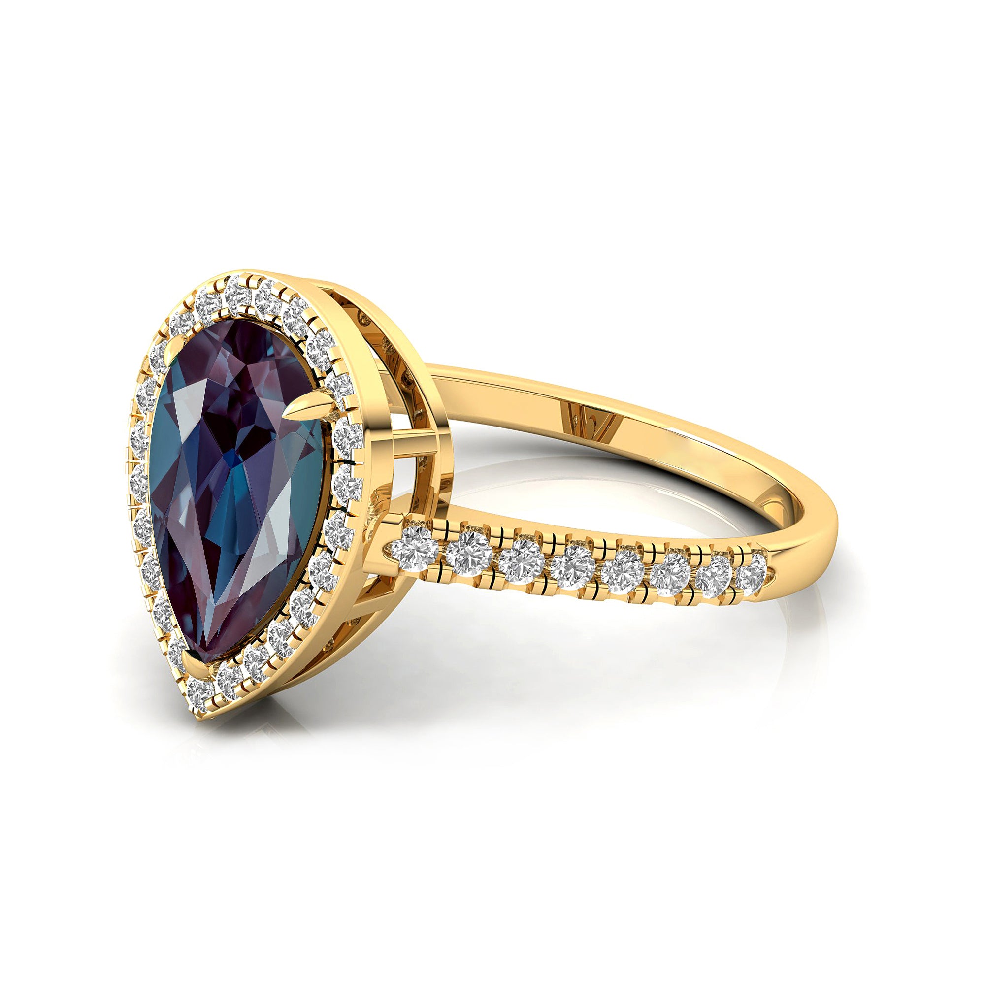 Classic Pear Shaped Alexandrite Halo Diamond Engagement Ring - GeumJewels