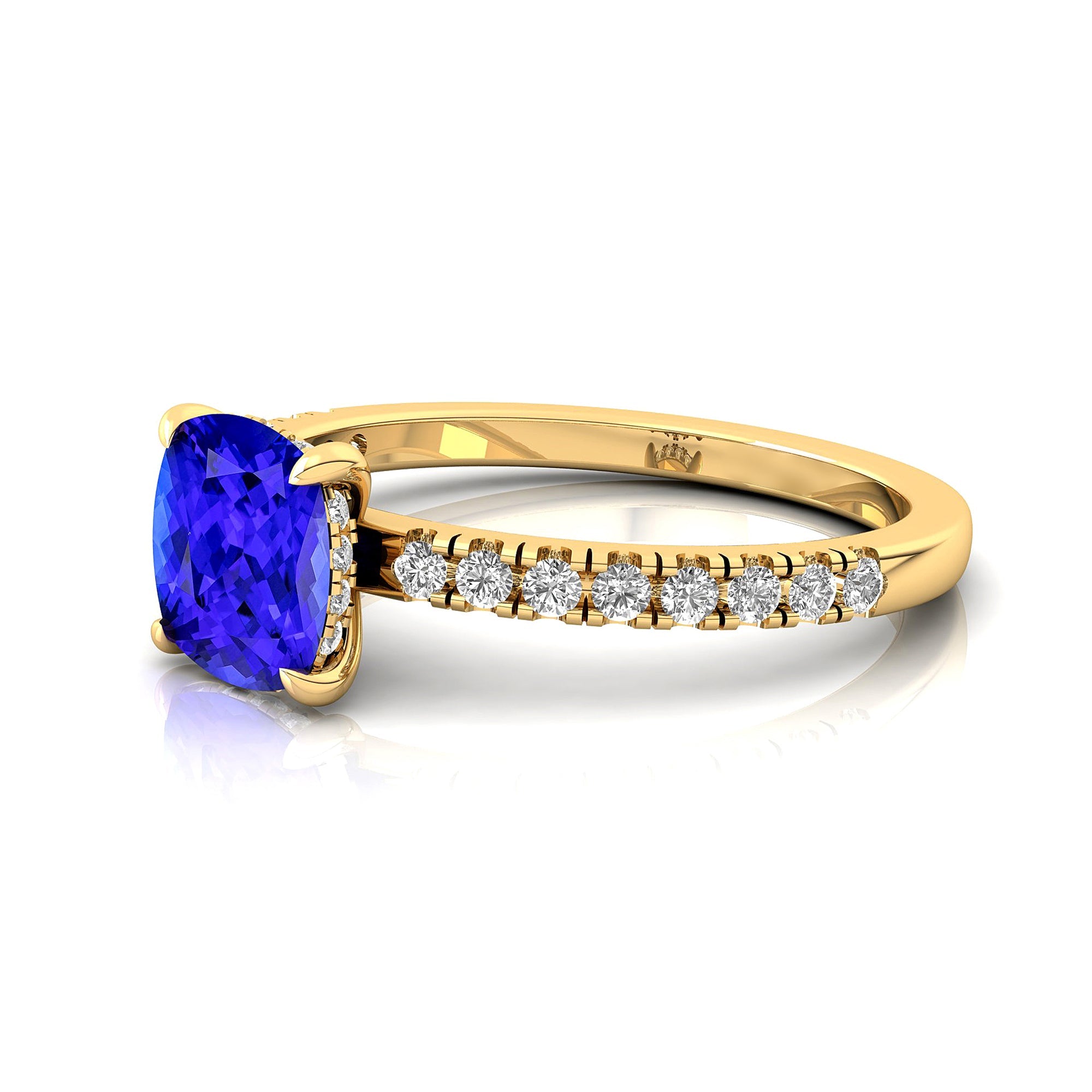 Tanzanite Square Cushion Under Halo Diamonds Thin Ring with Diamond Band - GeumJewels