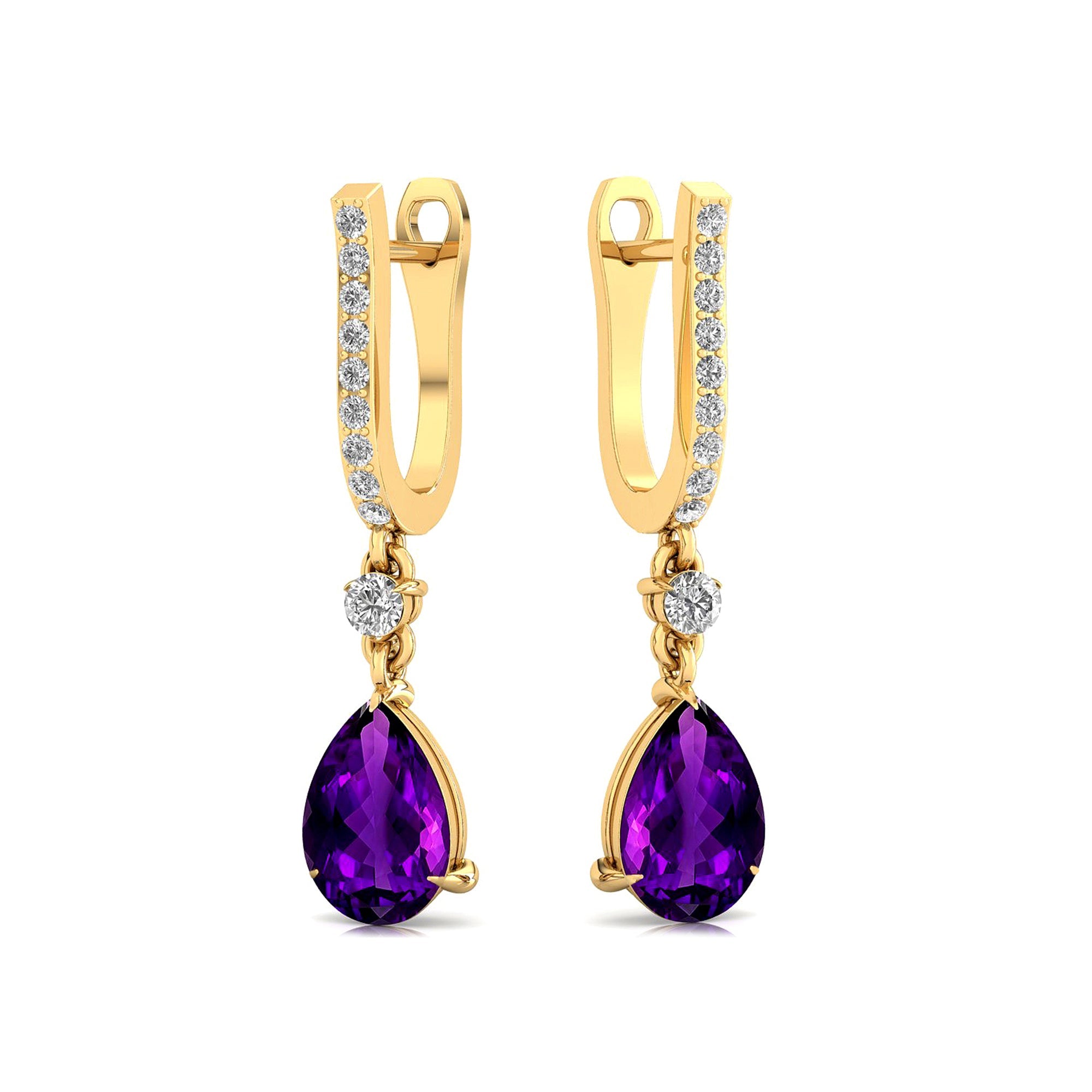 Lever Back Diamond Drop Earrings with Pear Cut Amethsyt - GeumJewels