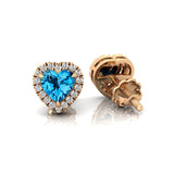 Heart Shaped Swiss Blue Topaz Halo Diamond Stud Earrings - GeumJewels