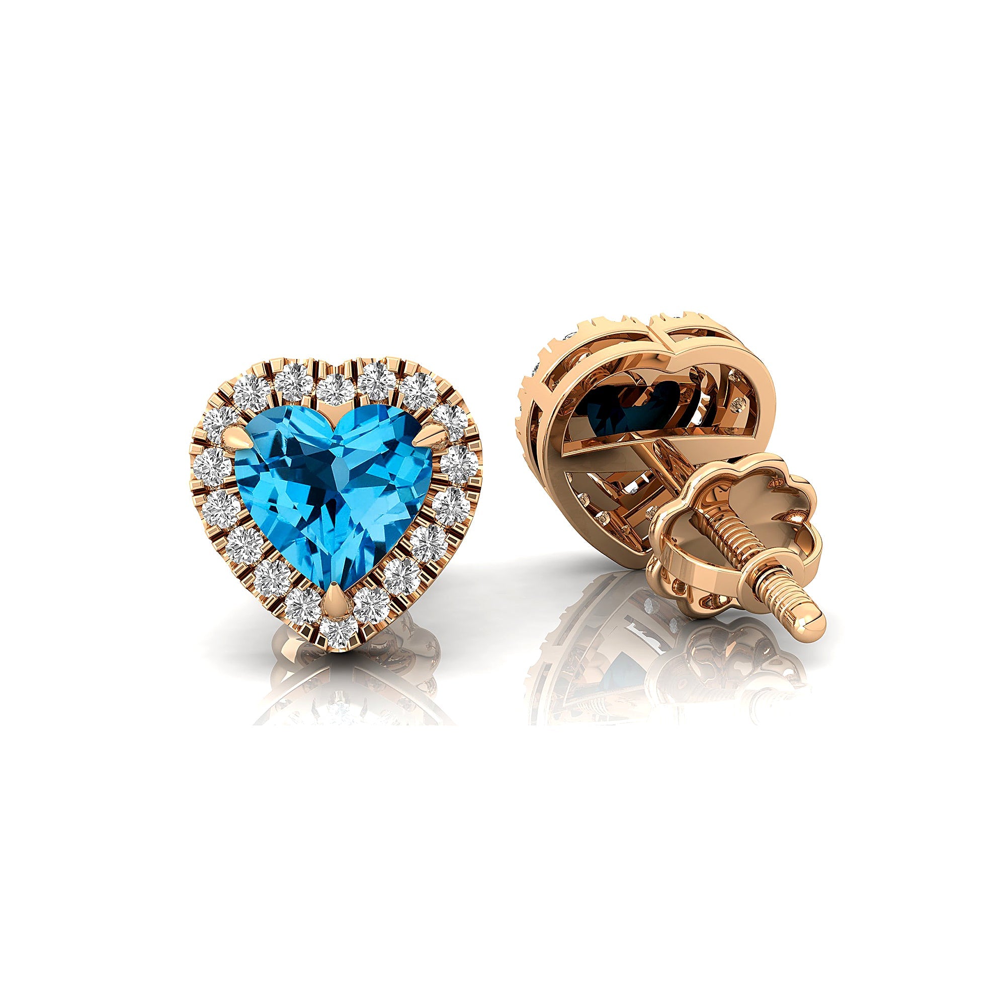 Heart Shaped Swiss Blue Topaz Halo Diamond Stud Earrings - GeumJewels