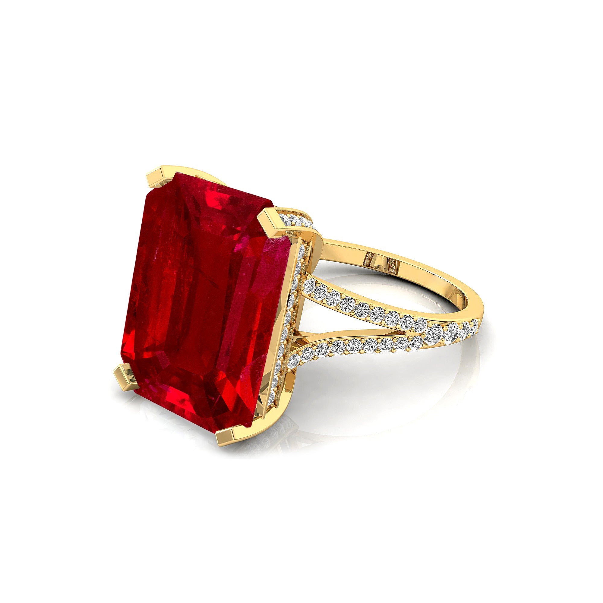 Emerald Cut Ruby Split Shank Engagement Ring with Diamonds - GeumJewels