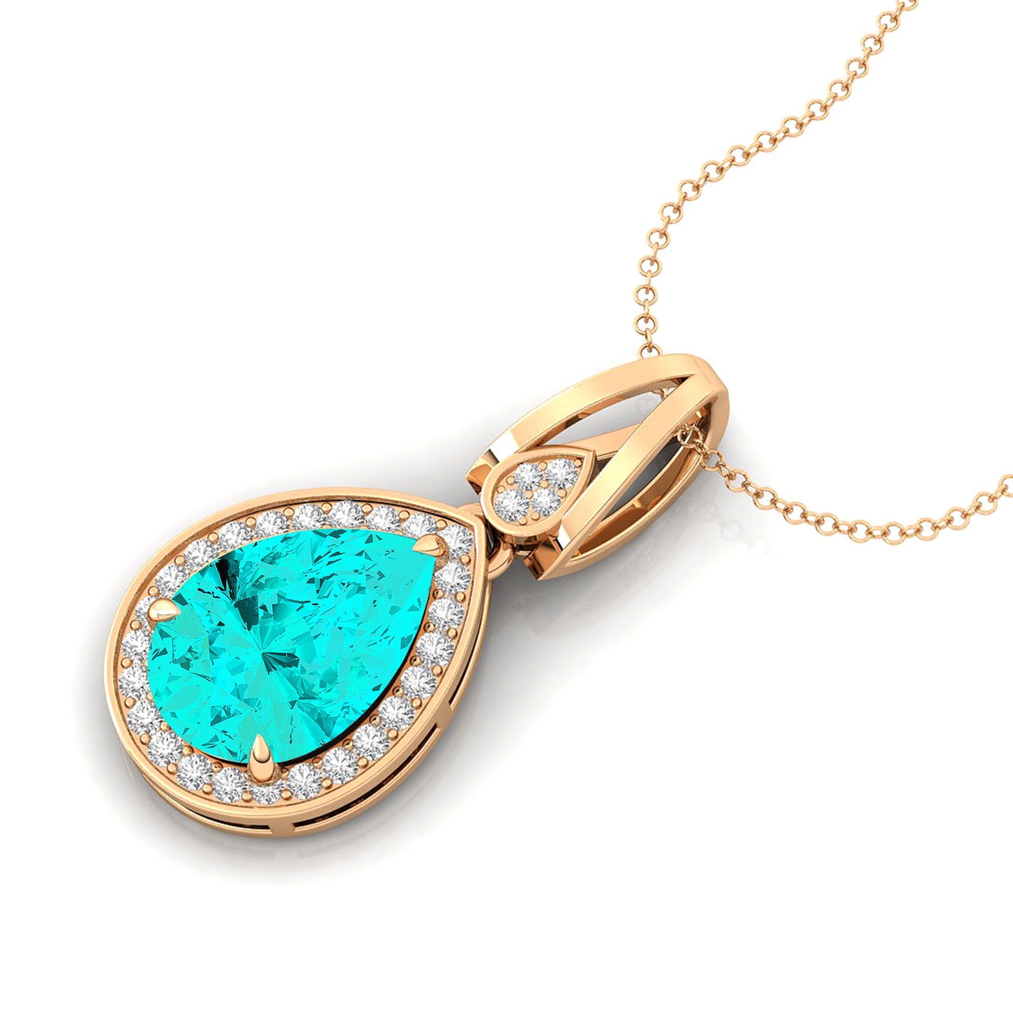 Classic Teardrop Shaped Paraiba Tourmaline Halo Diamond Dangle Pendant - GeumJewels