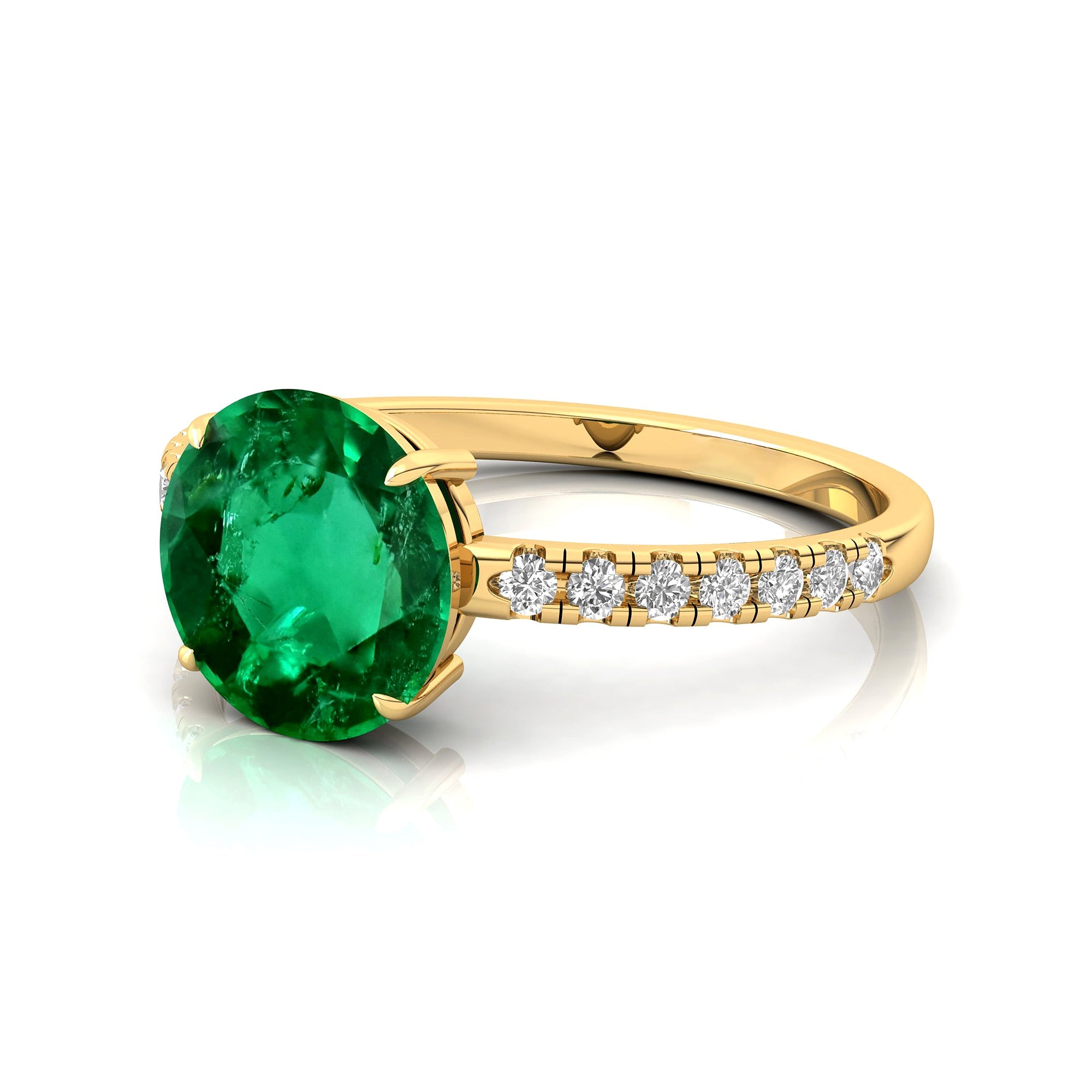Classic Six Prong Round Solitaire Emerald Ring with Accent Diamond Band - GeumJewels