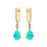 Lever Back Diamond Drop Earrings with Pear Cut Paraiba Tourmaline - GeumJewels
