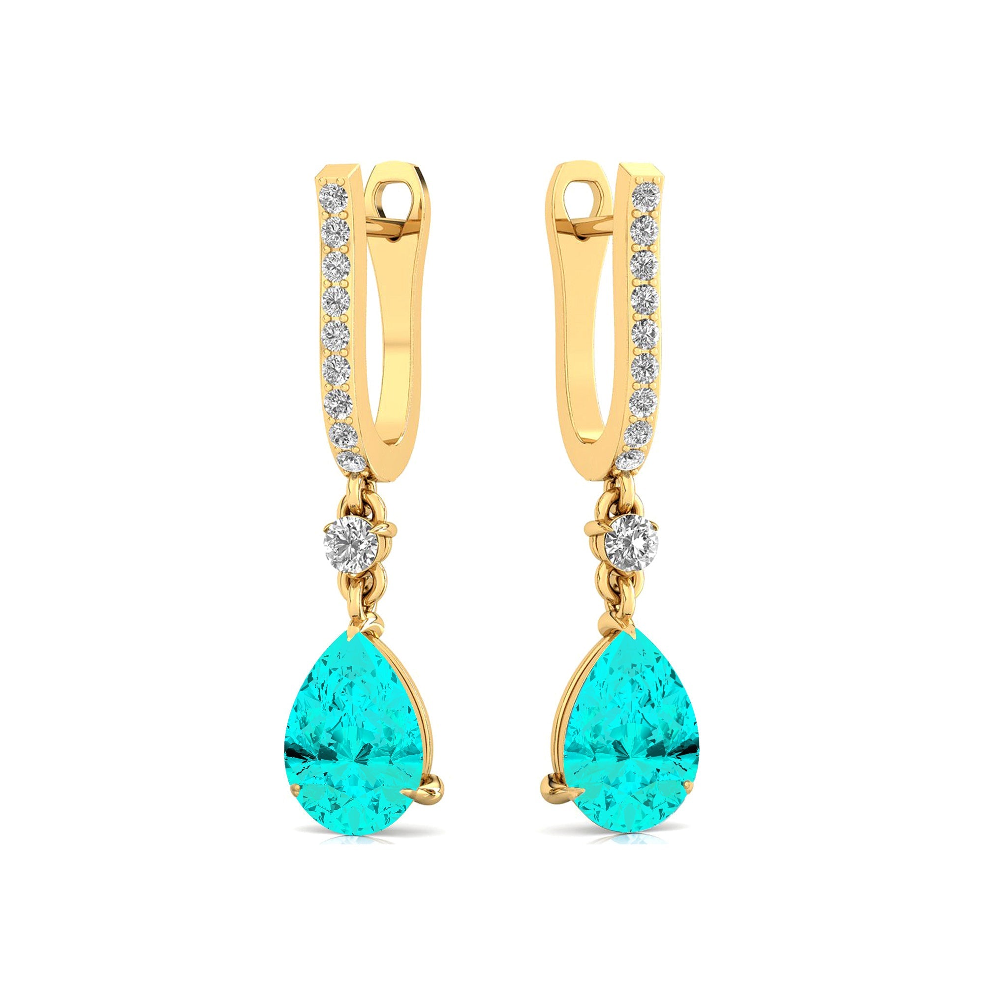 Lever Back Diamond Drop Earrings with Pear Cut Paraiba Tourmaline - GeumJewels