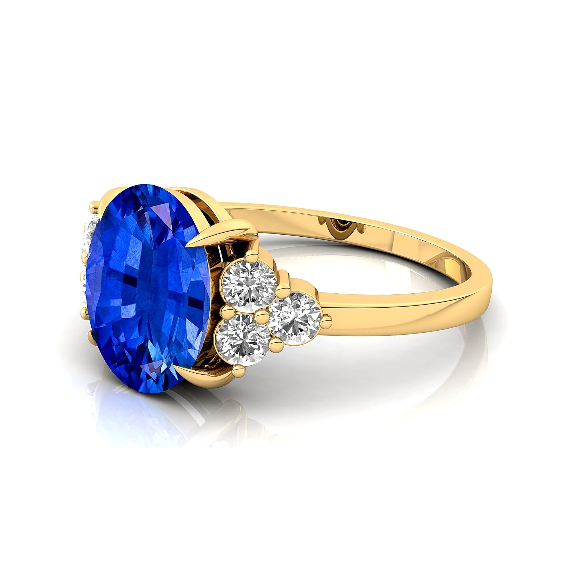 Trio Diamond Engagement Ring with Oval Cut Blue Sapphire - GeumJewels