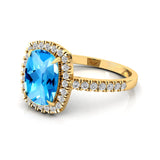 Elongated Cushion Halo Set Swiss Blue Topaz Engagement Ring with Diamond Band - GeumJewels