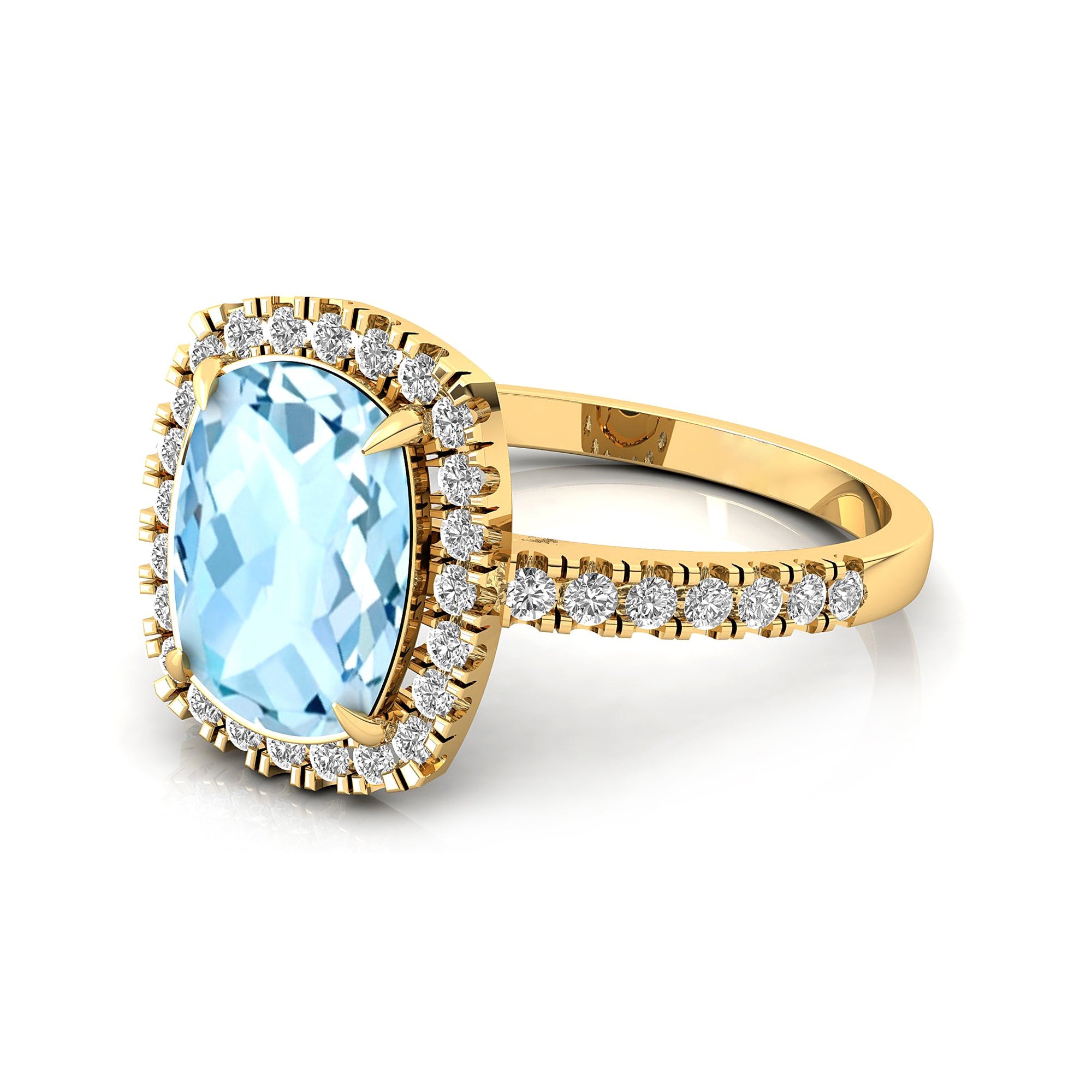 Elongated Cushion Halo Set Aquamarine Engagement Ring with Diamond Band - GeumJewels