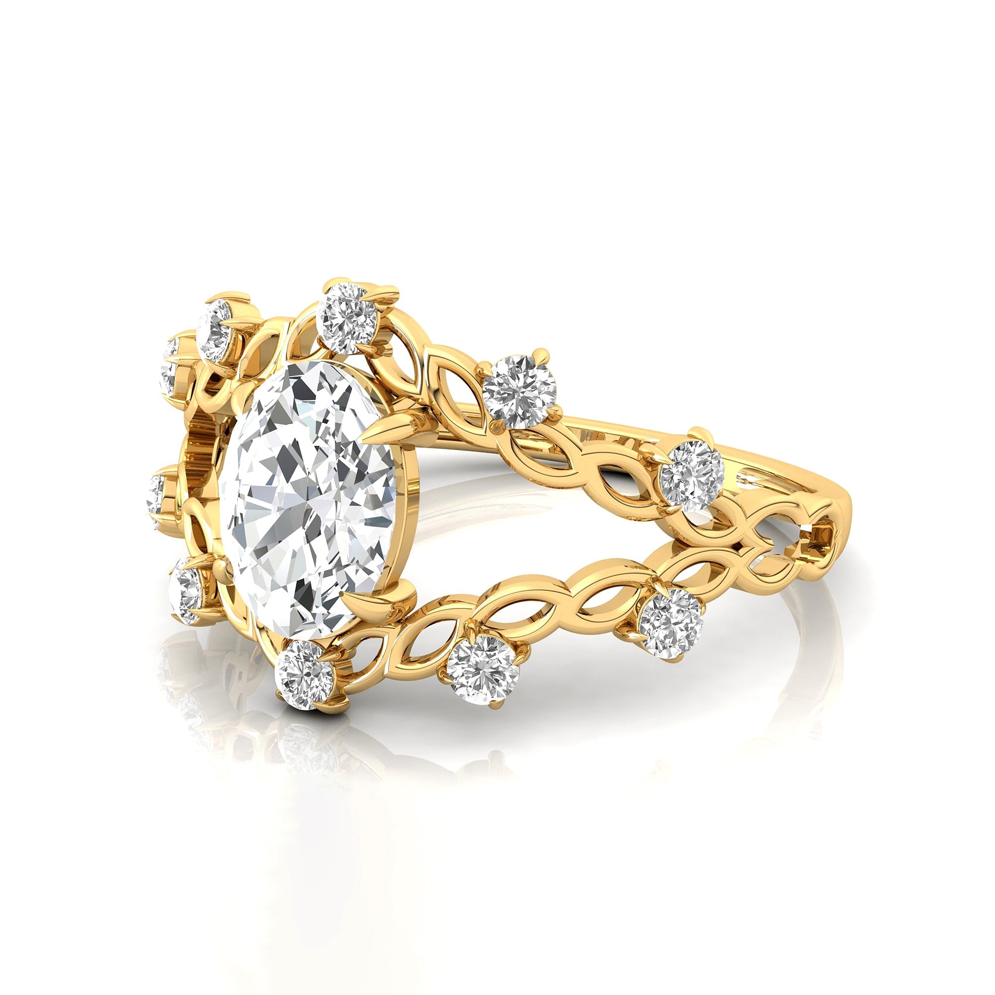 Flower Inspired Ring with Oval Shaped Lab Diamond and Accent Diamonds - GeumJewels