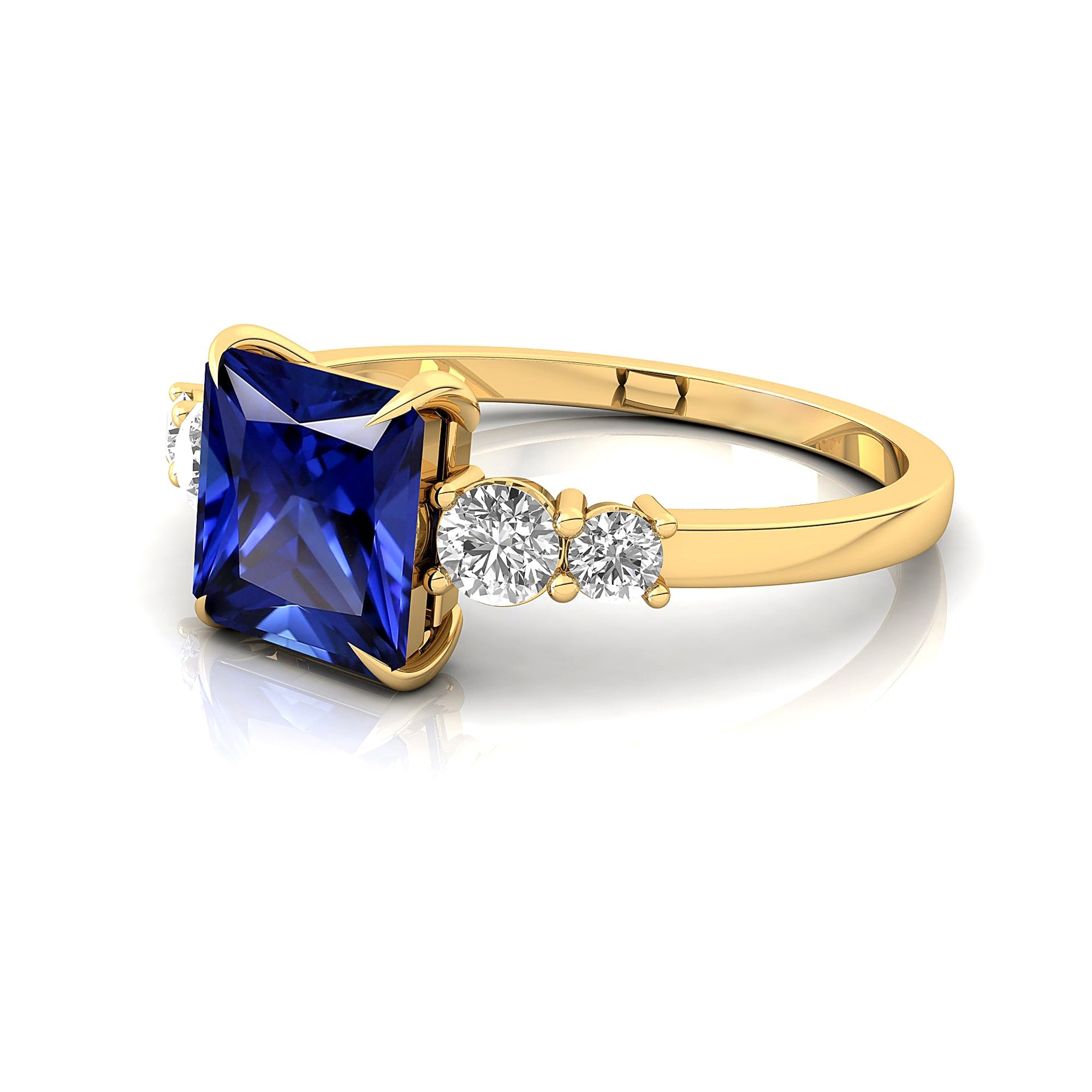 Princess Cut Blue Sapphire Graduating Accent Diamond Ring - GeumJewels