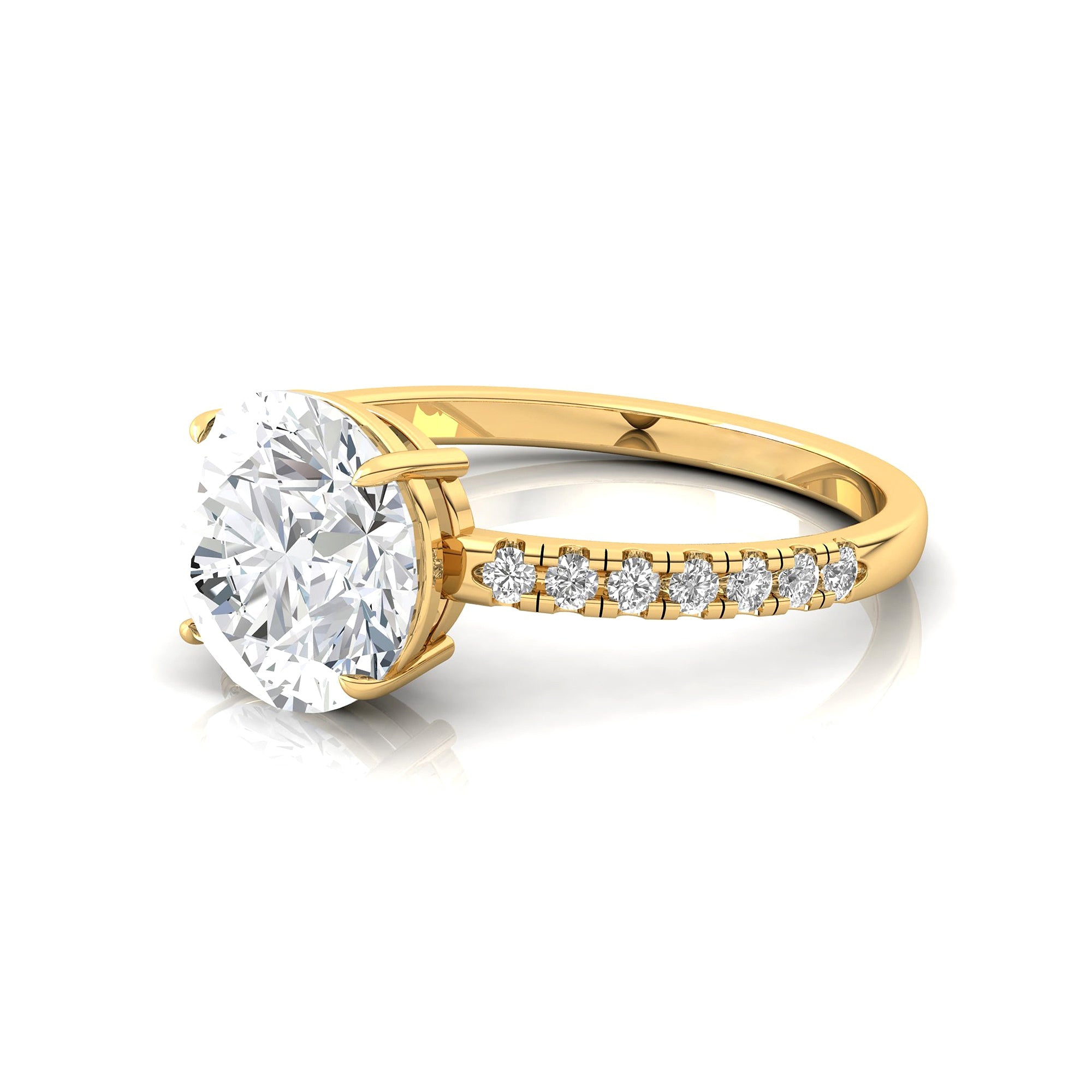 Lab Diamond Classic Six Prong Round Solitaire Ring with Accent Diamond Band - GeumJewels