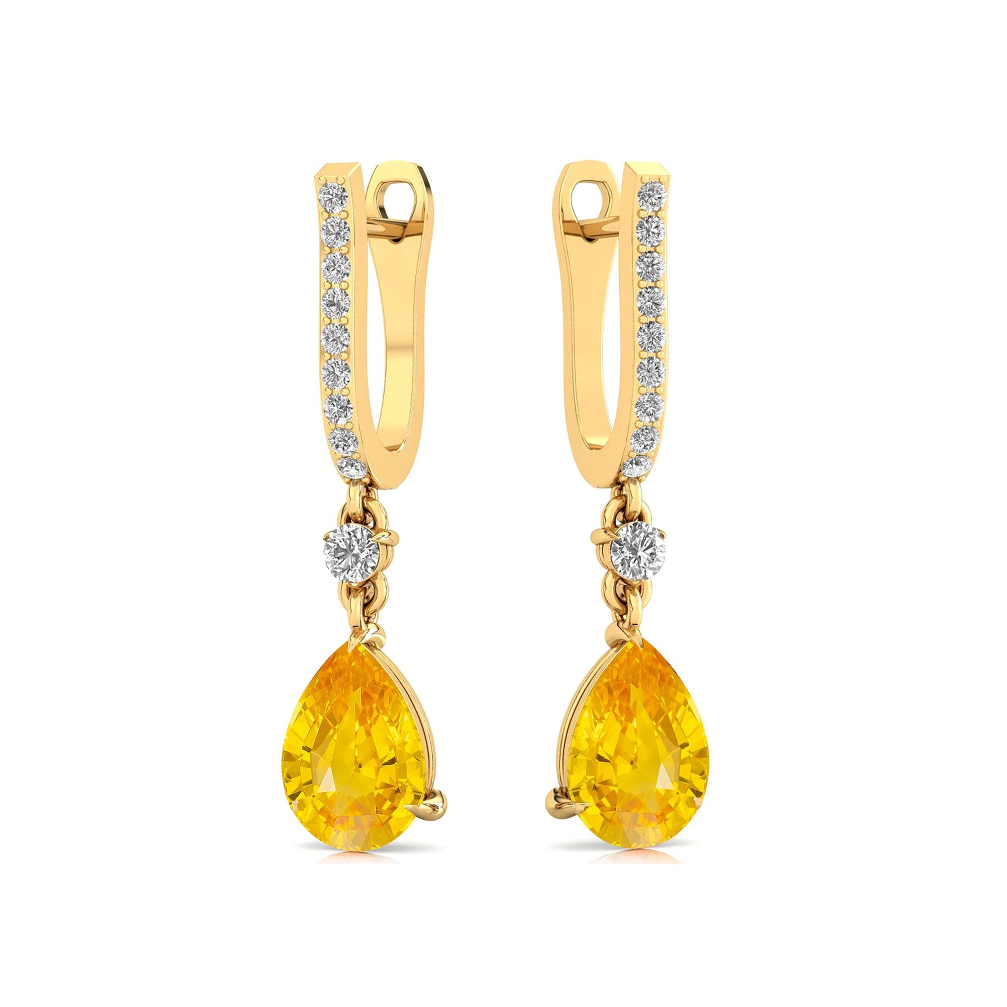 Lever Back Diamond Drop Earrings with Pear Cut Yellow Sapphire - GeumJewels