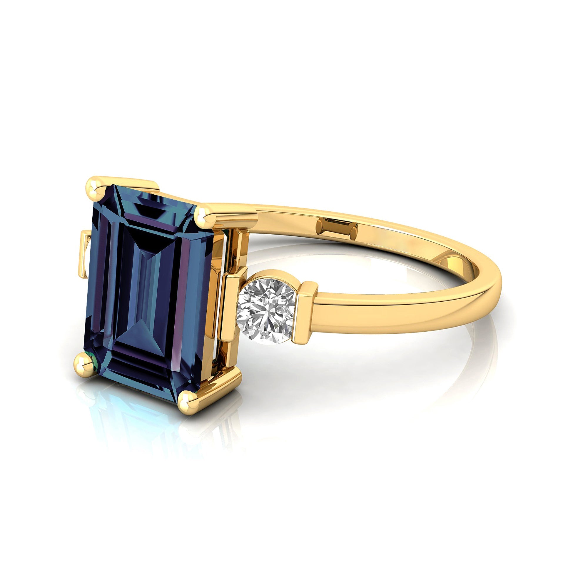 Emerald Cut Alexandrite and Diamond Three Stone Ring - GeumJewels