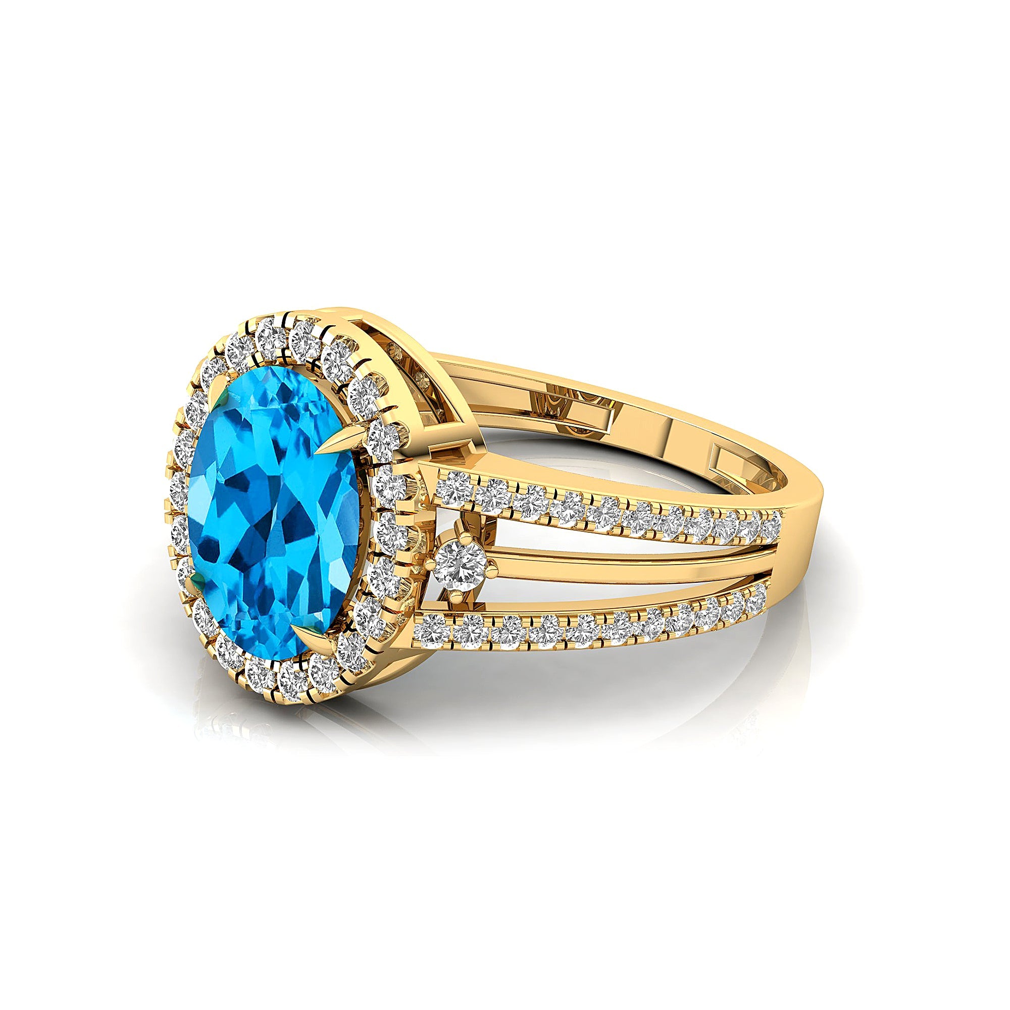 Solitaire Oval Swiss Blue Topaz Split Shank Diamond Engagement Ring - GeumJewels
