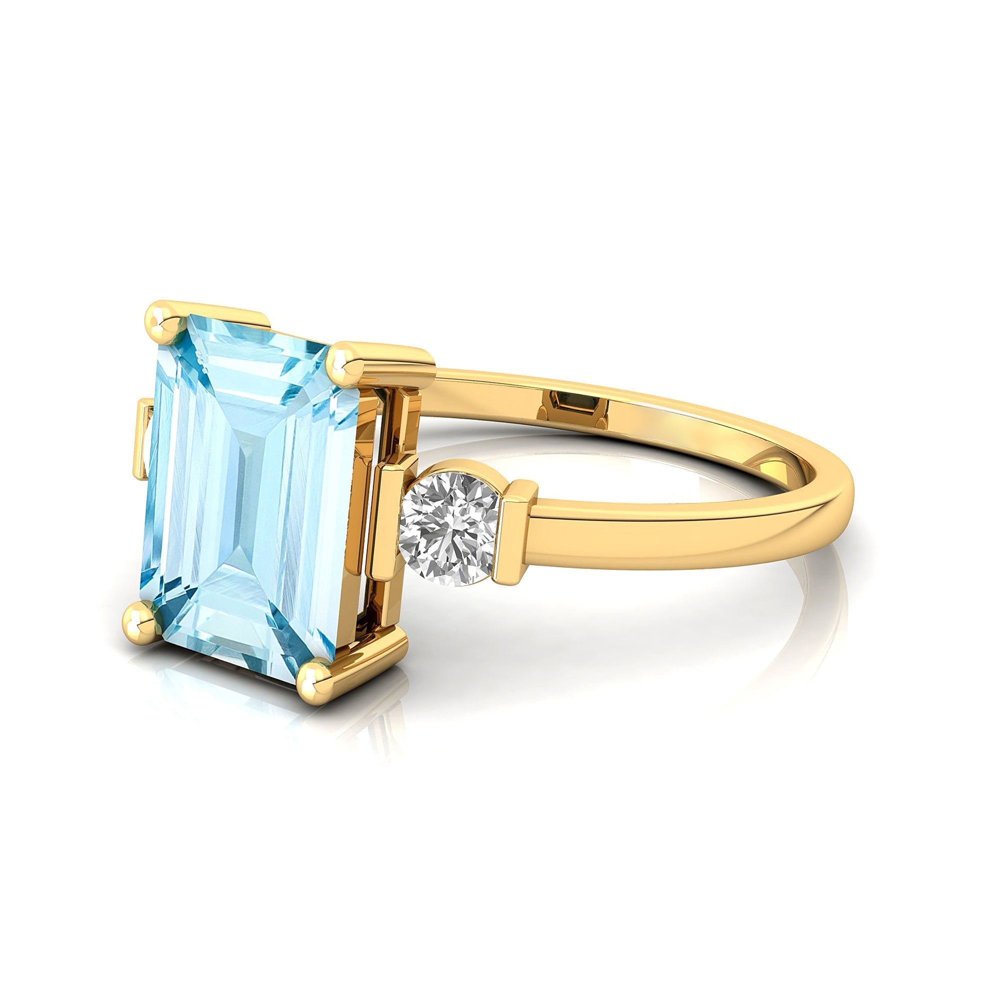 Emerald Cut Aquamarine and Diamond Three Stone Ring - GeumJewels