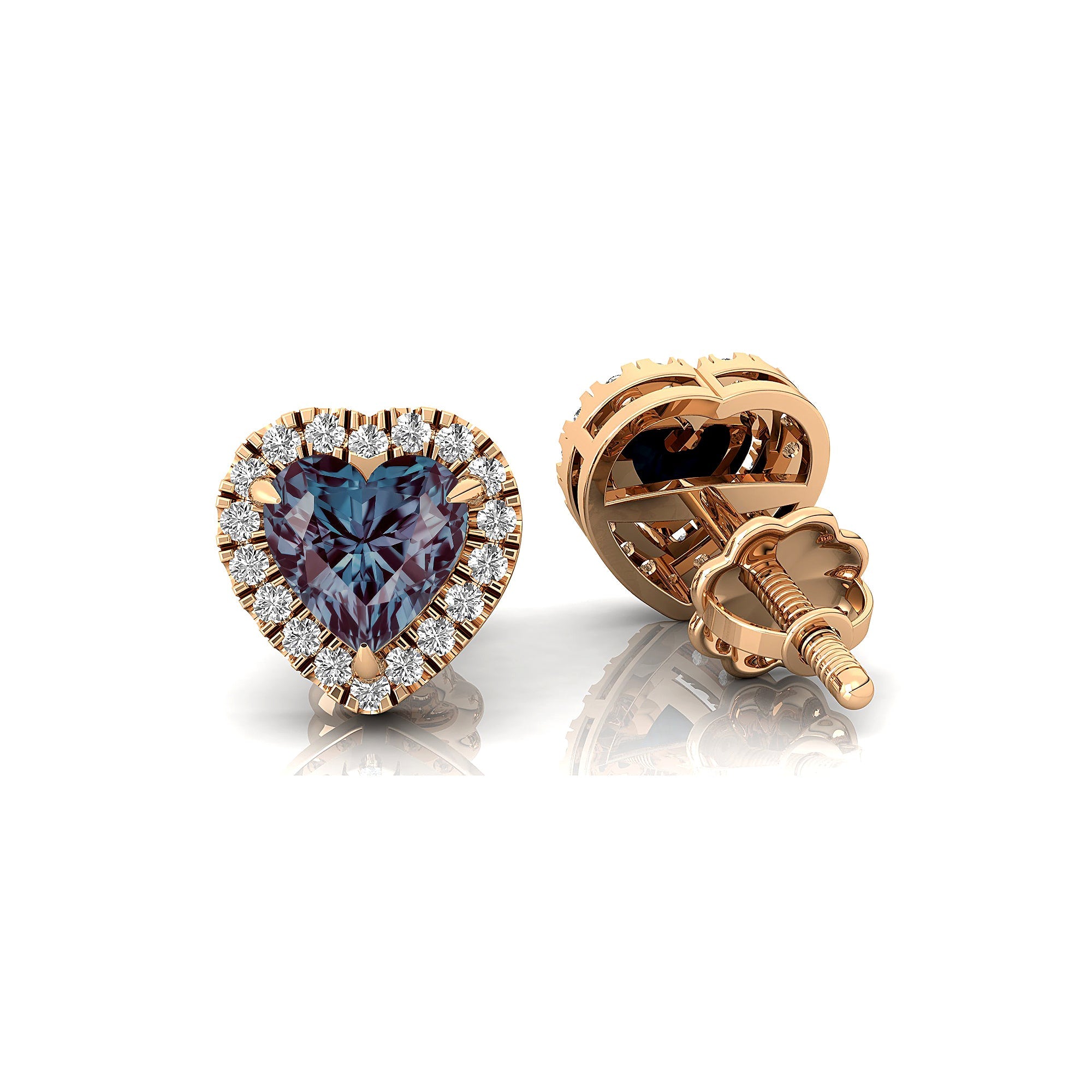 Heart Shaped Alexandrite Halo Diamond Stud Earrings - GeumJewels