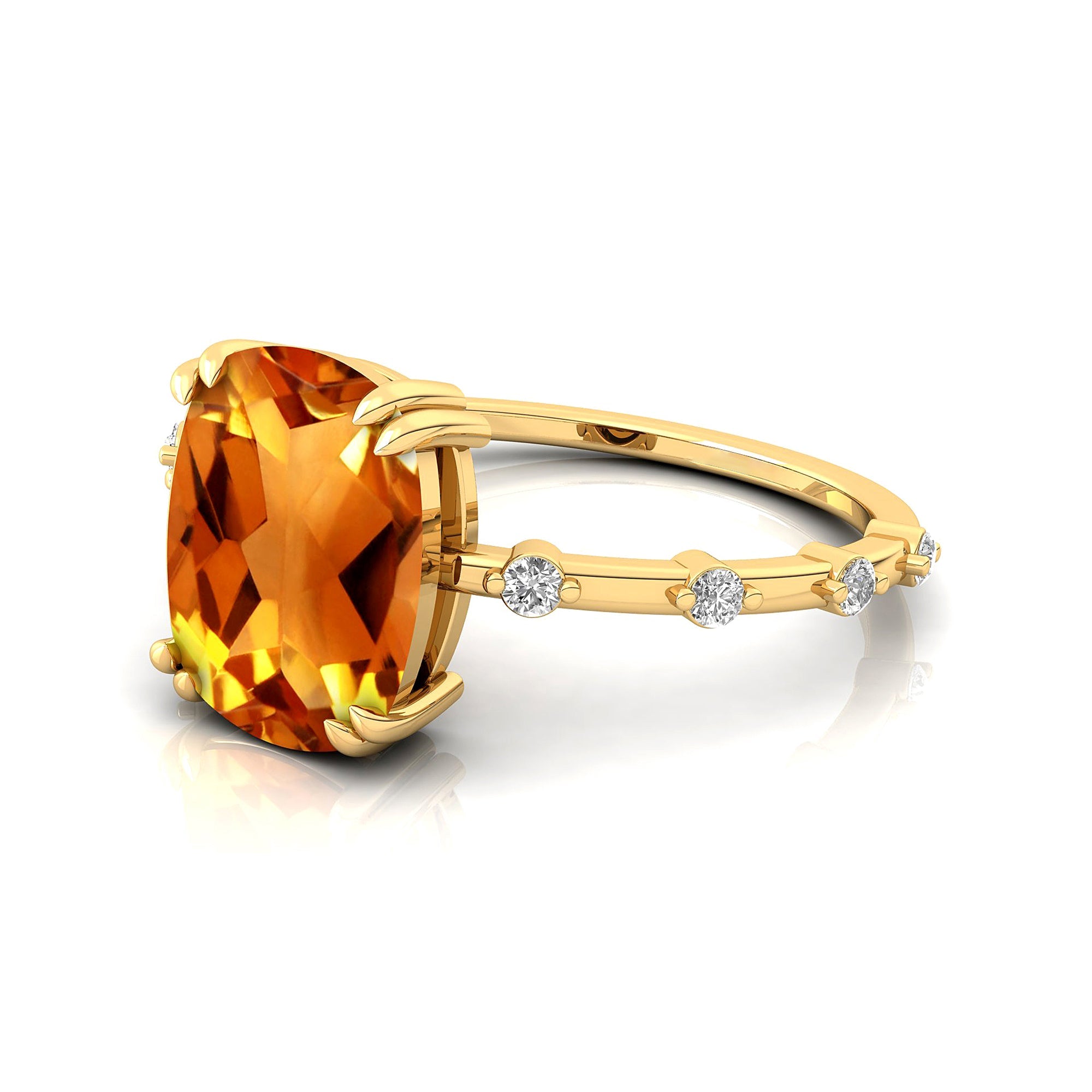 Cushion Cut Citrine Engagement Ring with Distant Diamond Band - GeumJewels