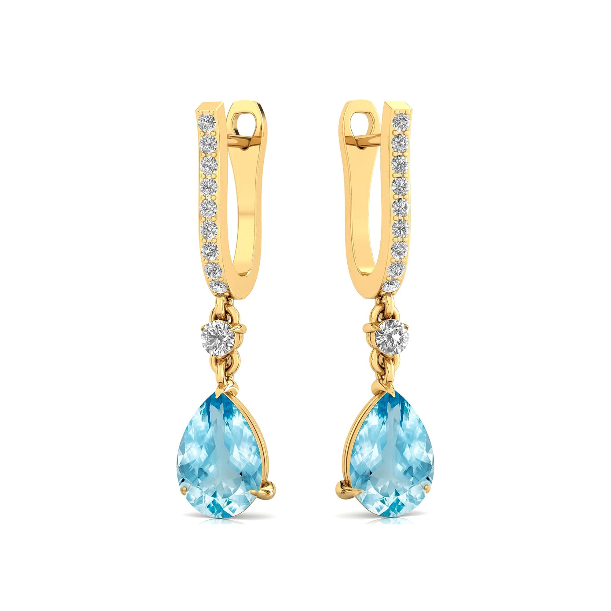 Lever Back Diamond Drop Earrings with Pear Cut Aquamarine - GeumJewels