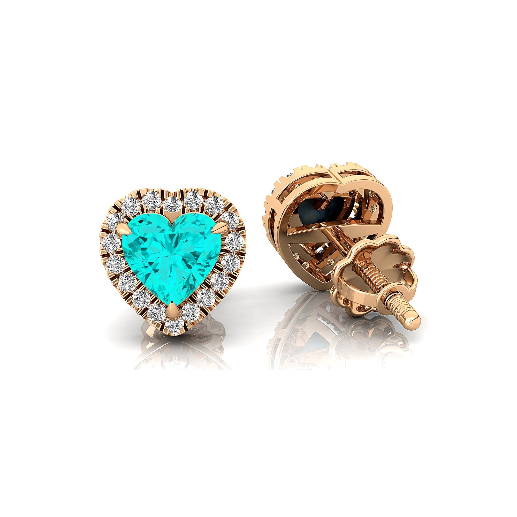 Heart Shaped Paraiba Tourmaline Halo Diamond Stud Earrings - GeumJewels