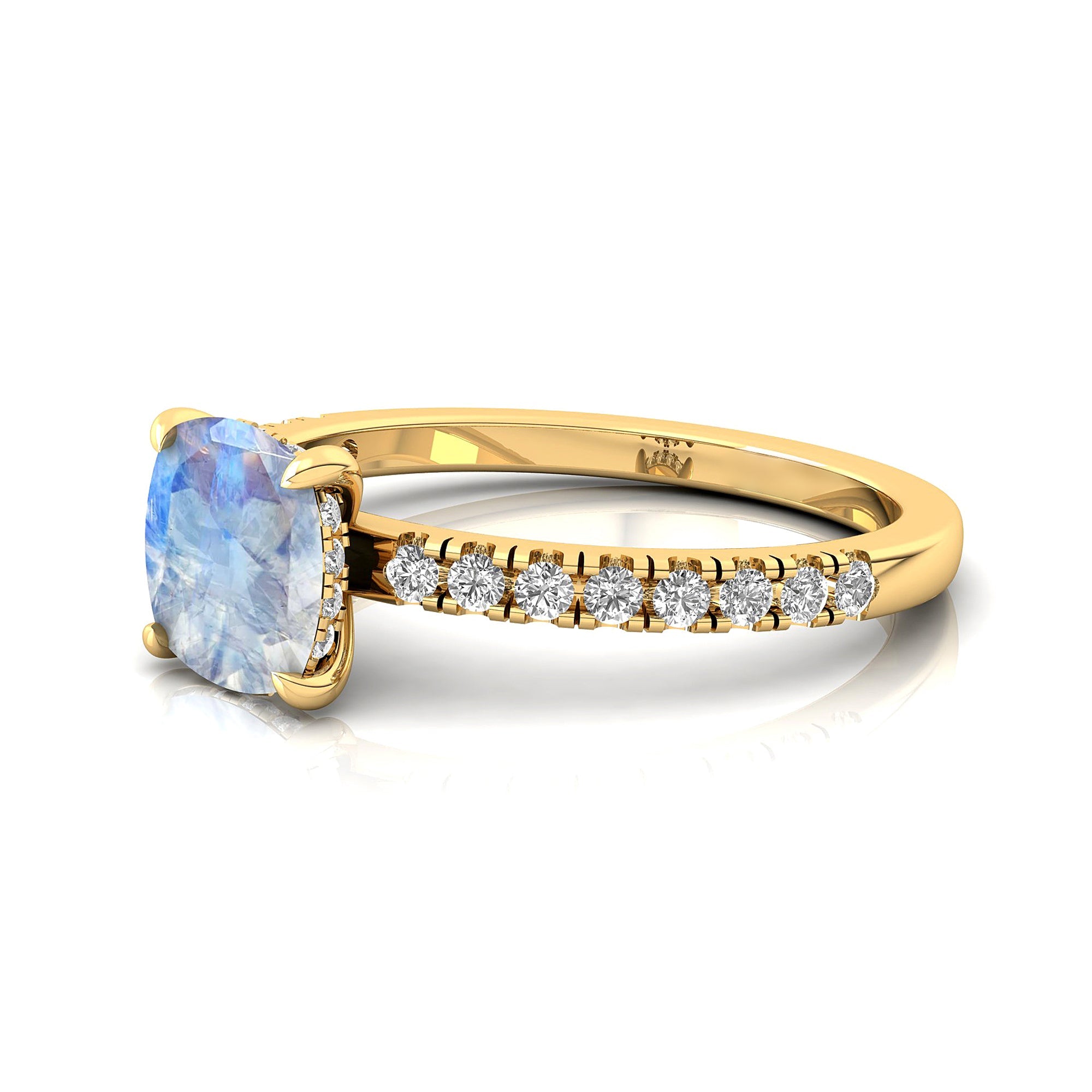 Moonstone Square Cushion Under Halo Diamonds Thin Ring with Diamond Band - GeumJewels